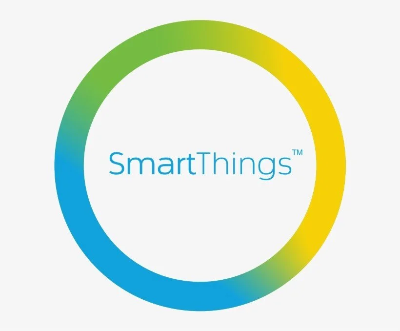 A circular logo with a color gradient from blue to green to yellow, with the text "SmartThings" in the center.