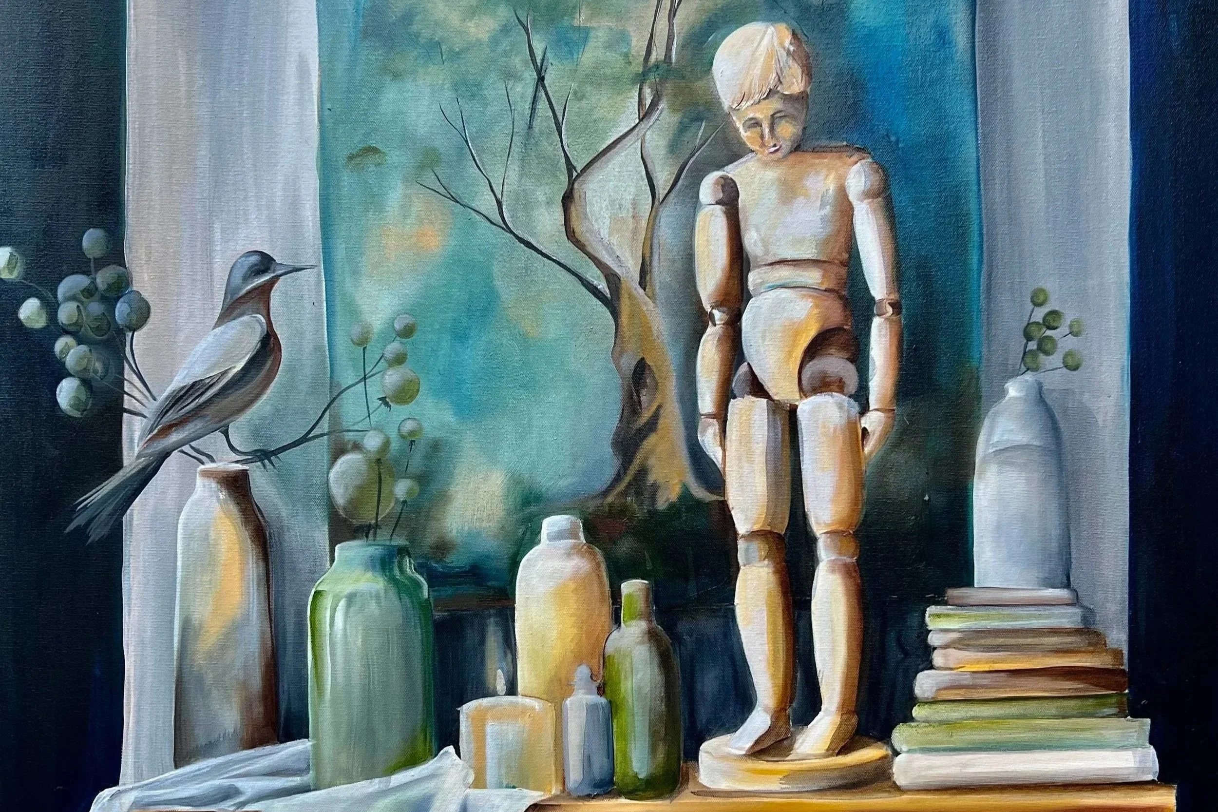 Still life painting of a wooden artist mannequin standing on a table surrounded by various vases and bottles, some with small green berries or leaves, with a framed abstract landscape art piece in the background.