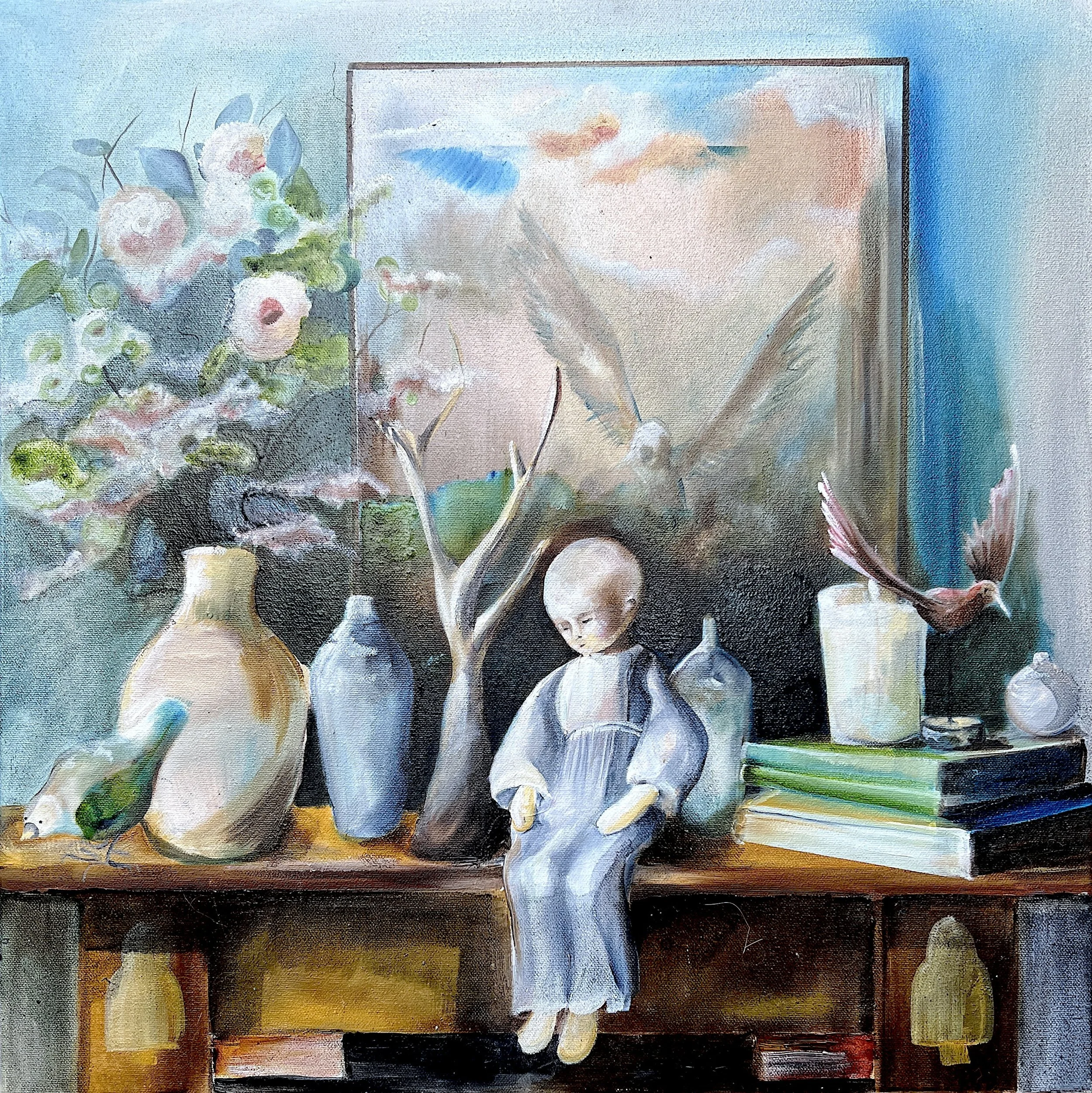 A still life painting of a shelf with various vases, a doll, a bird figurine, and a stack of books, with an abstract painting and a floral arrangement in the background.