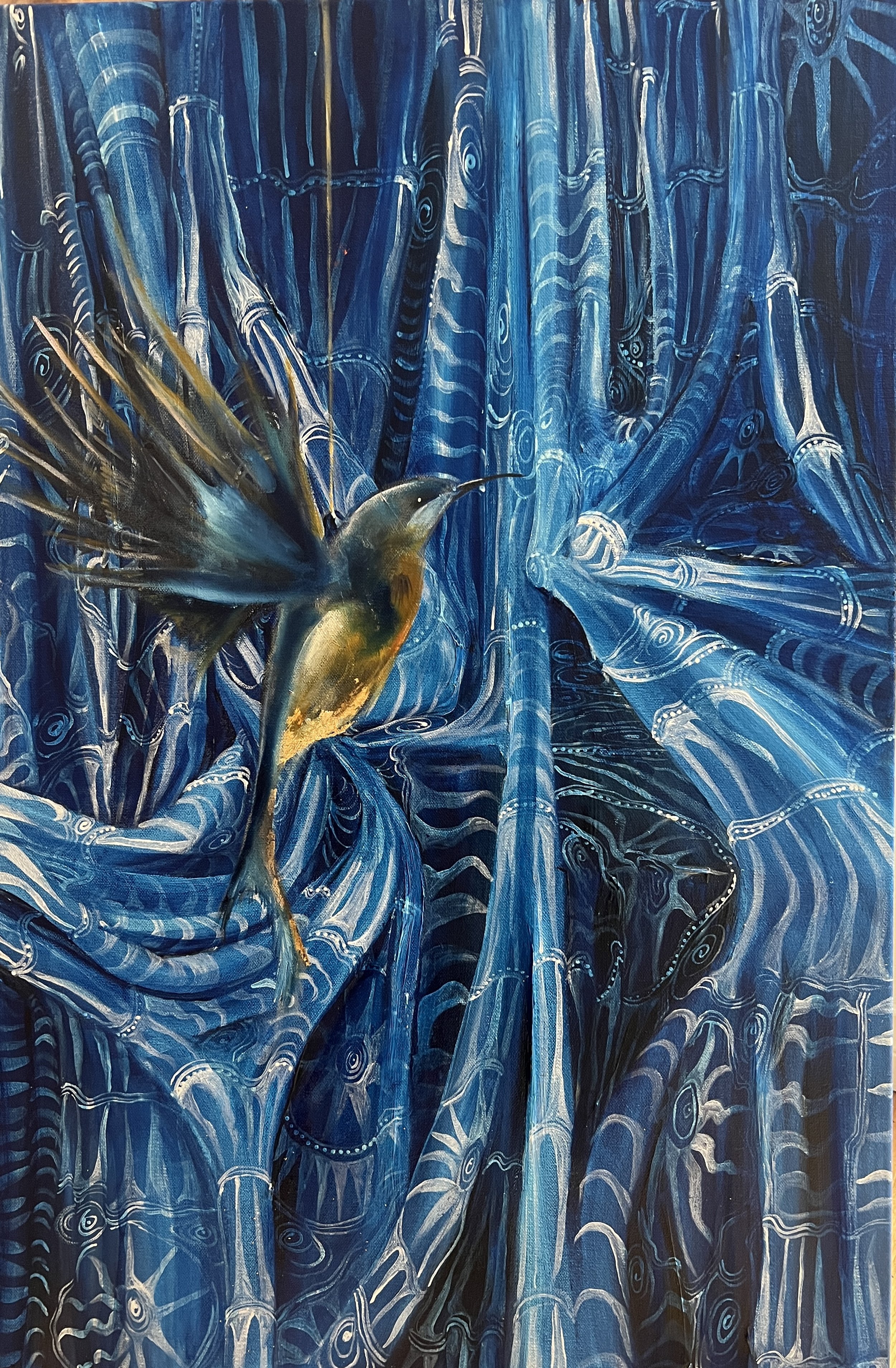 A vibrant painting of a hummingbird in flight near blue abstract foliage.