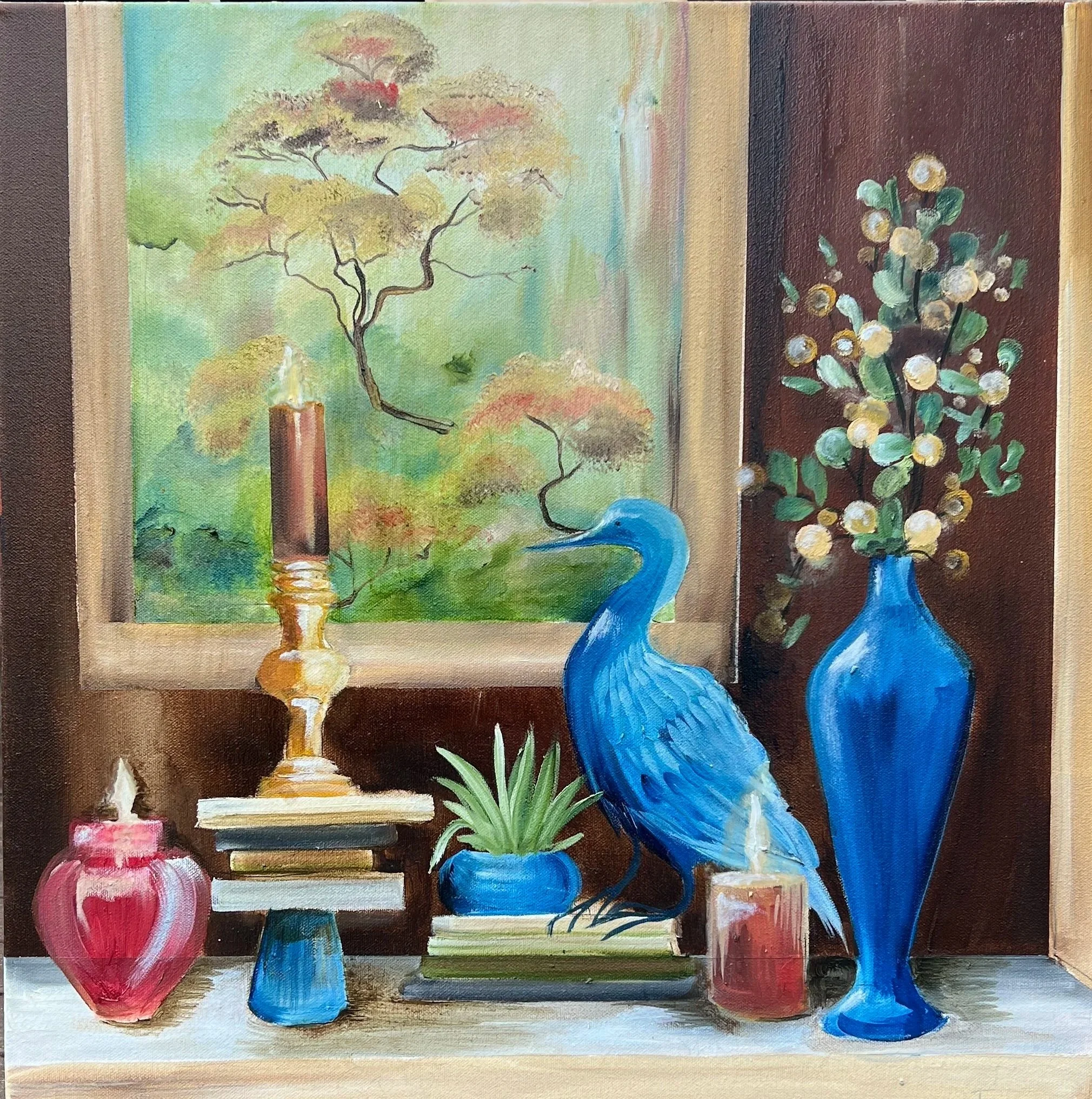 A painted still life scene featuring a blue heron figurine, a blue vase with flowers, candles, books, and a window with a landscape painting in the background.