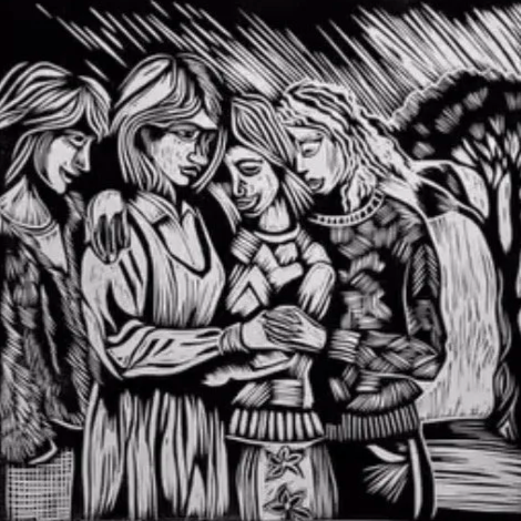 Four women standing close together outdoors, with a large tree and natural scenery in the background, drawn in black and white.