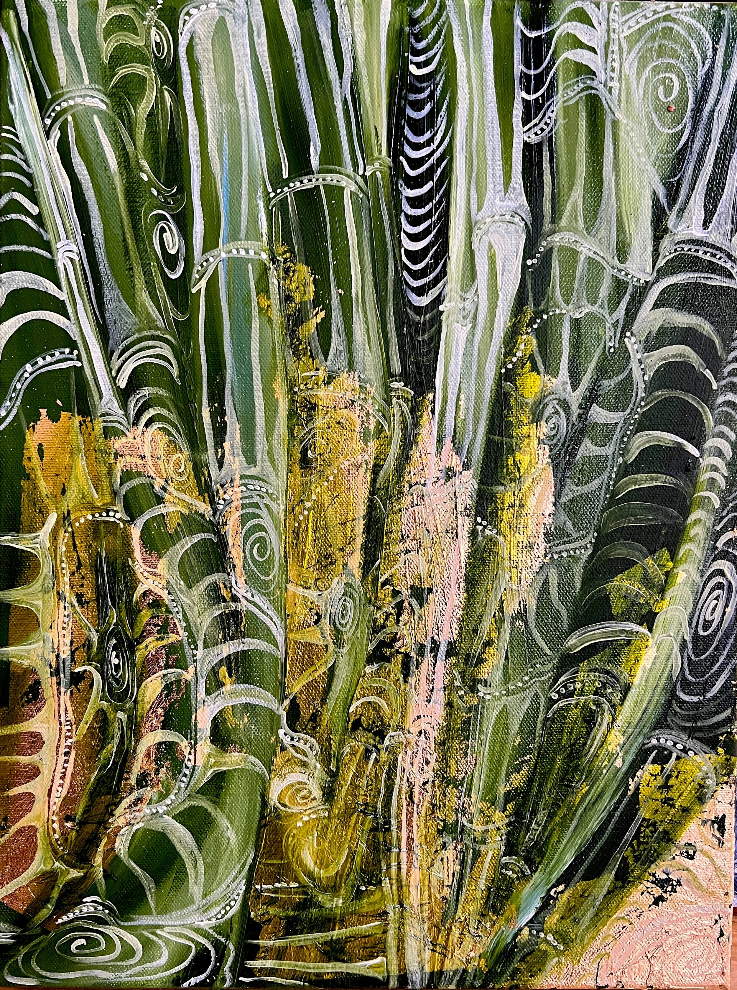 A vibrant, abstract painting of green foliage with white spirals and black accents, featuring hints of yellow and pink.