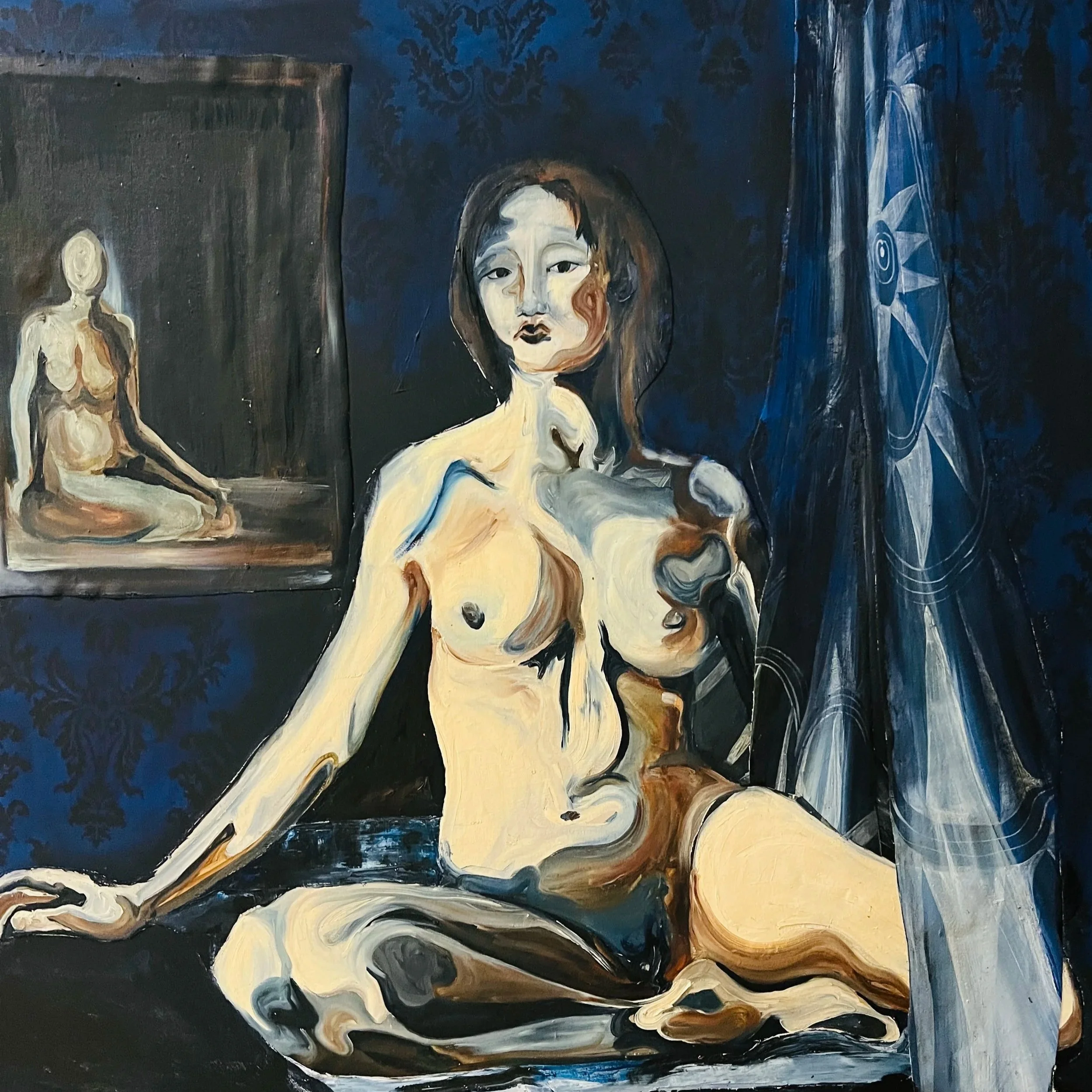 An abstract oil painting of a nude woman with dark hair, seated on the floor, with a dark blue background and a smaller portrait of a seated woman in the background.