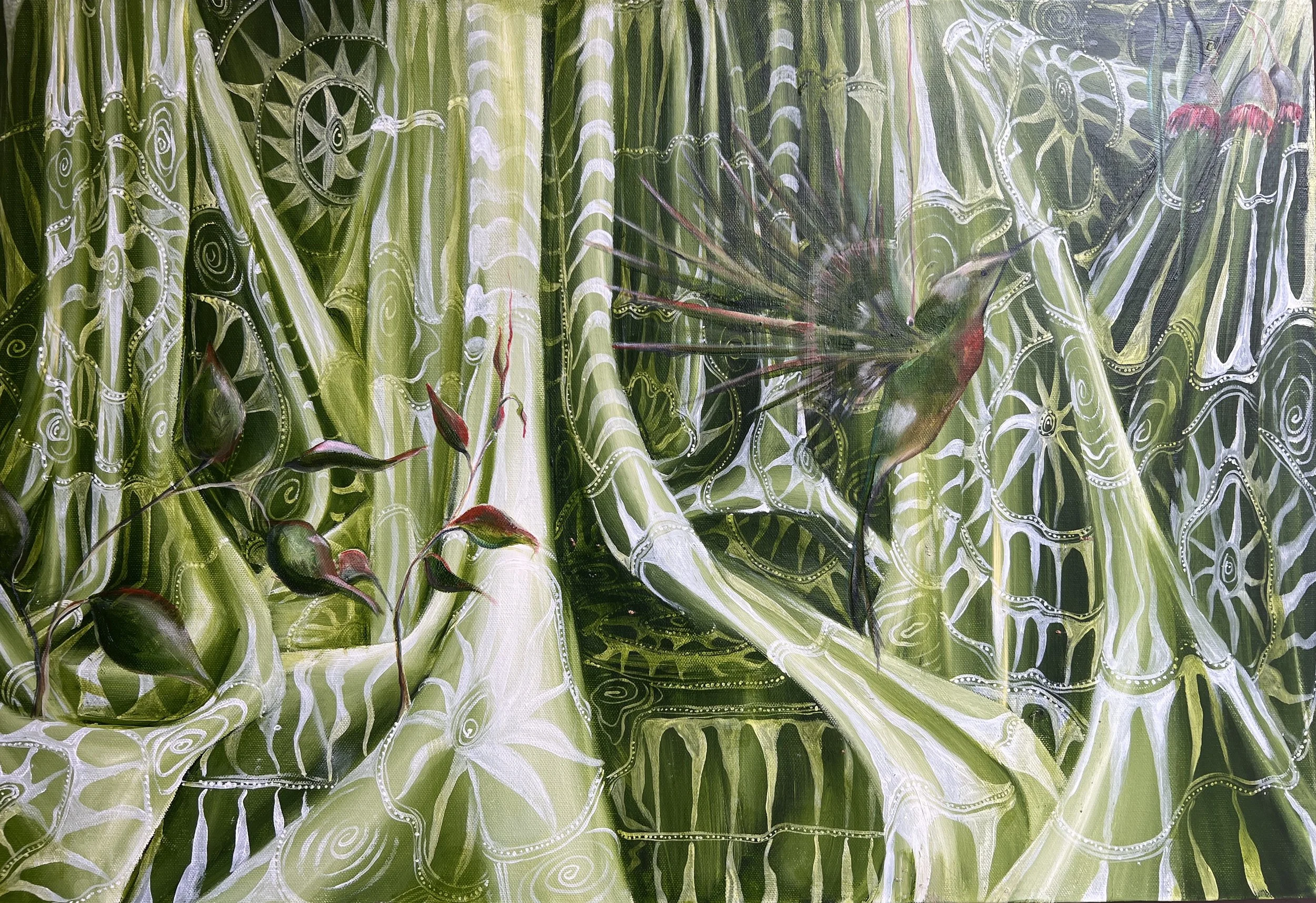 Abstract painting of green plant with red-tipped leaves and painted patterns on leaves and background.
