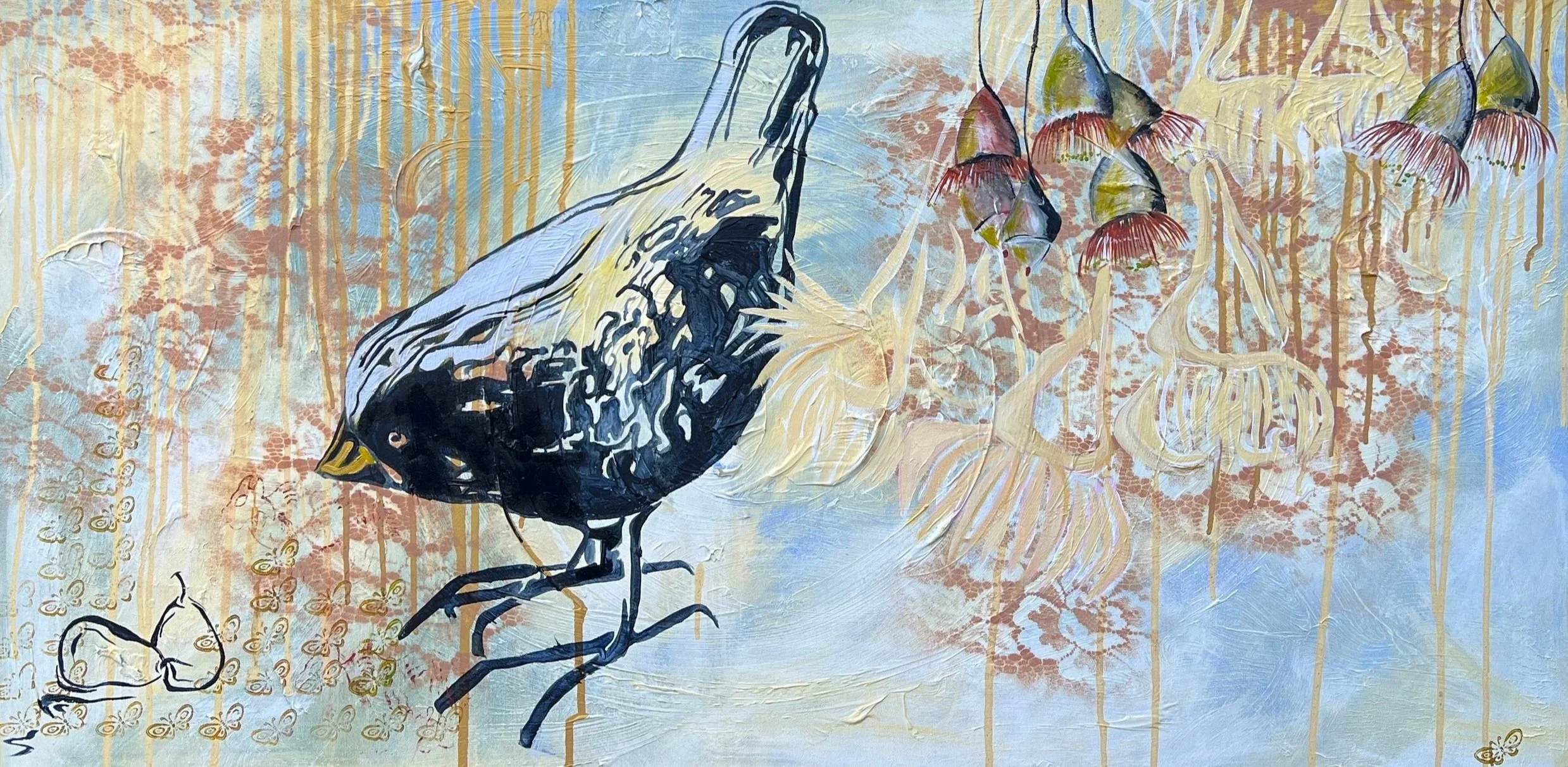 Abstract mixed media artwork featuring a black, white, and yellow bird, with colors, textures, and floral patterns in the background, including stylized flowers and butterflies.