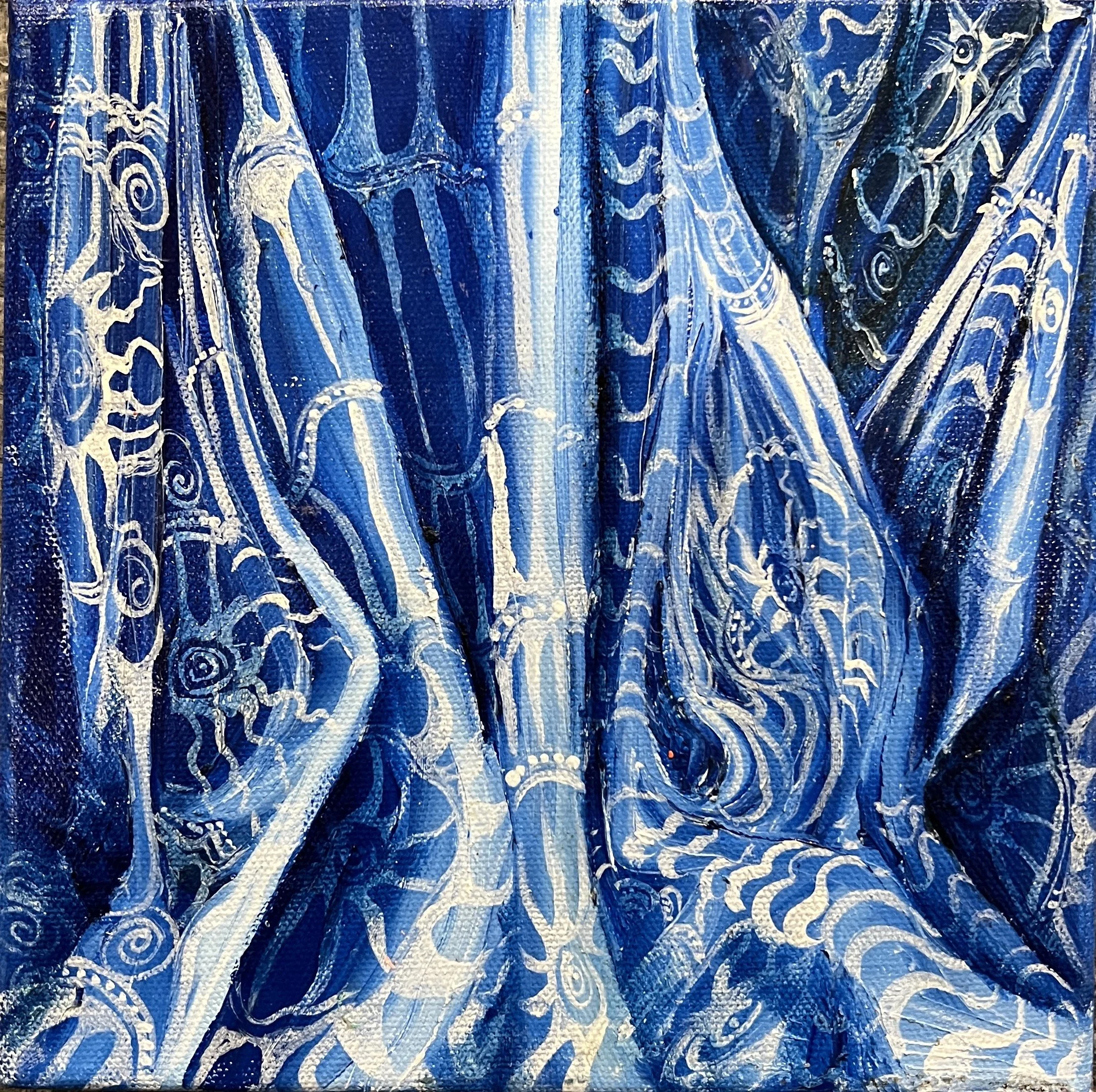 A painting with intricate patterns and swirling designs in shades of blue and white.