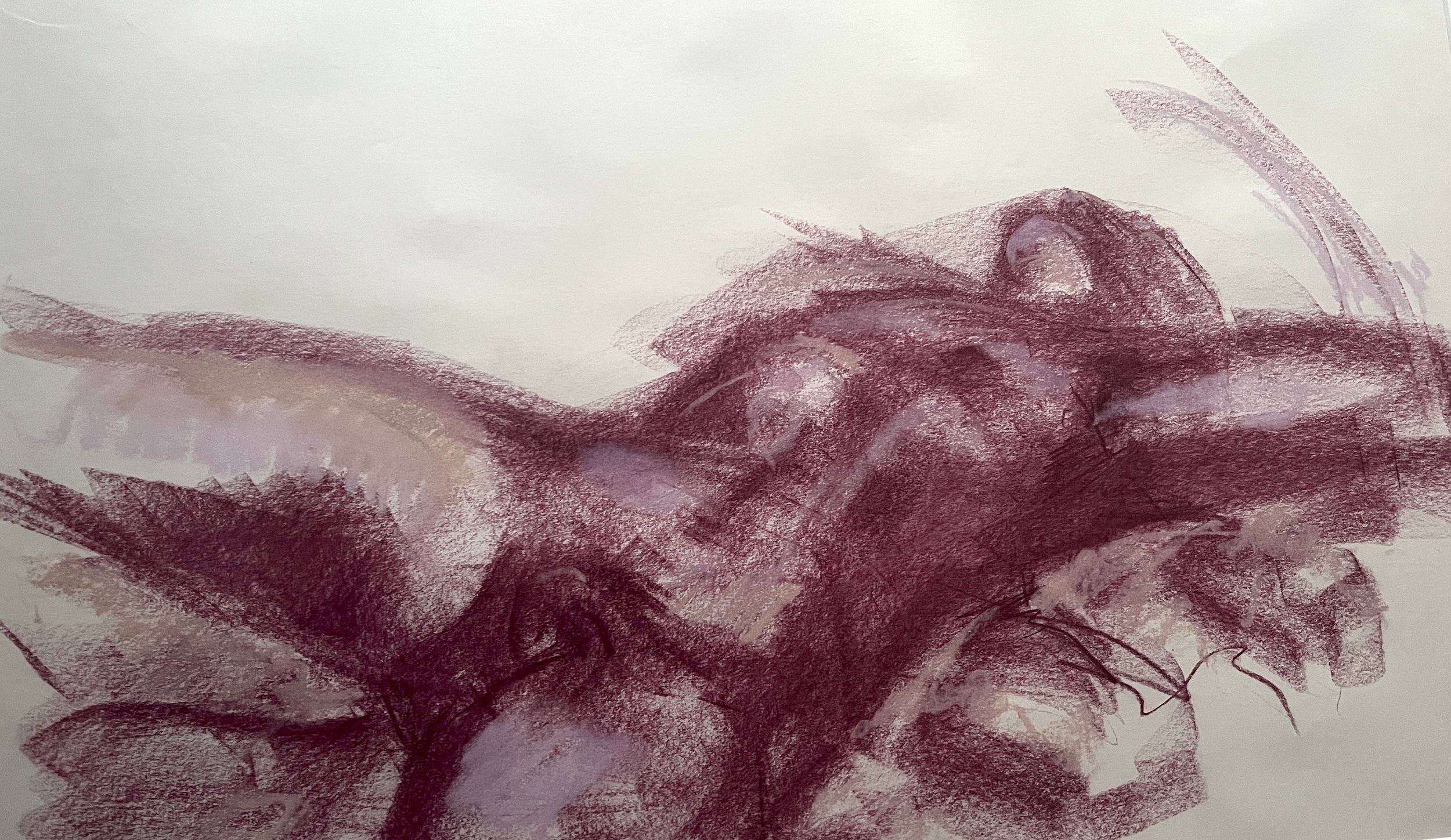 Abstract drawing in shades of purple and pink on paper, with fluid, layered strokes creating a textured appearance.