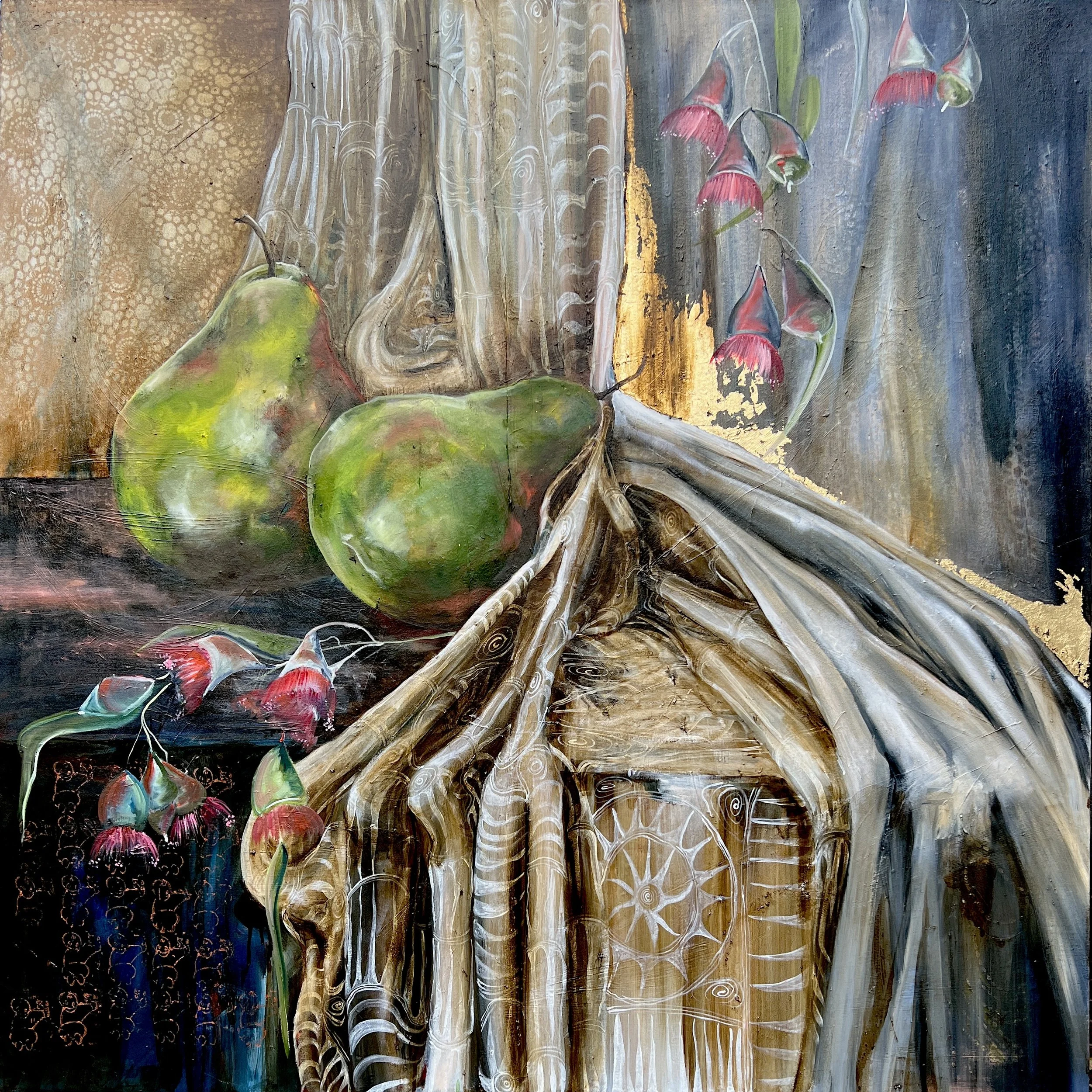 A still life painting of two green pears and a branch with red flowers against a textured abstract background.