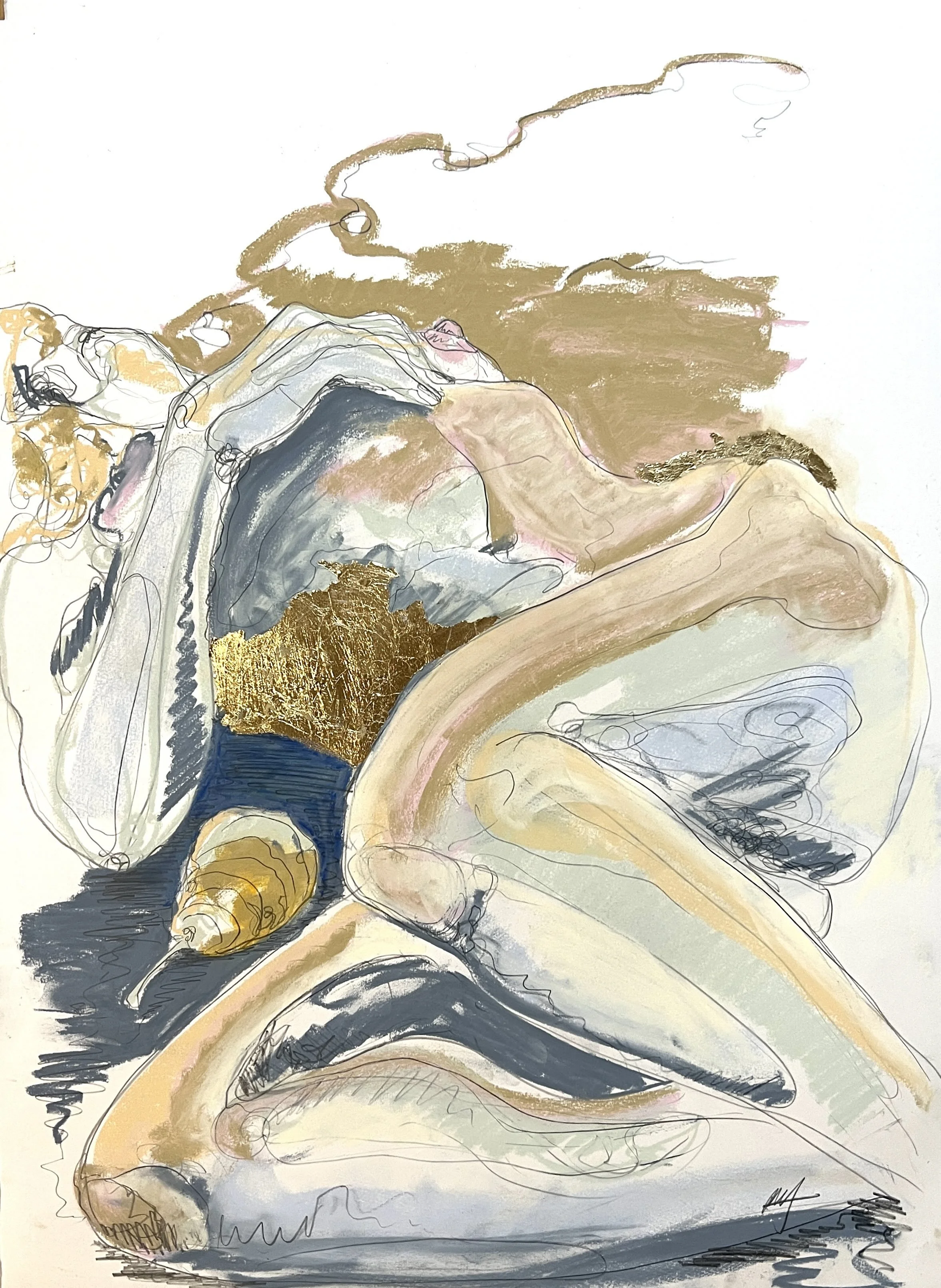 An abstract artistic drawing of a reclining woman with long hair, lying on her side, with gold accents and soft pastel colors.