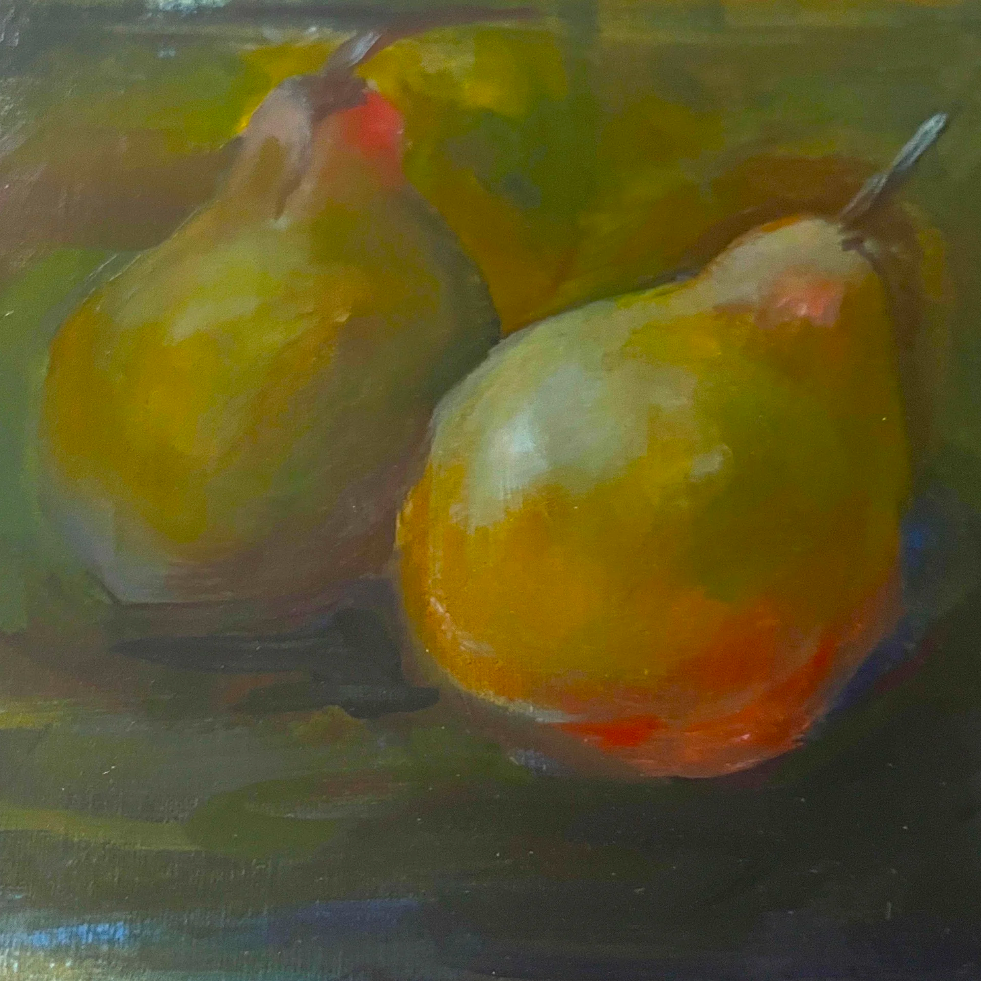 Two apples with a mix of green and red hues resting on a dark surface, painted in an impressionistic style.