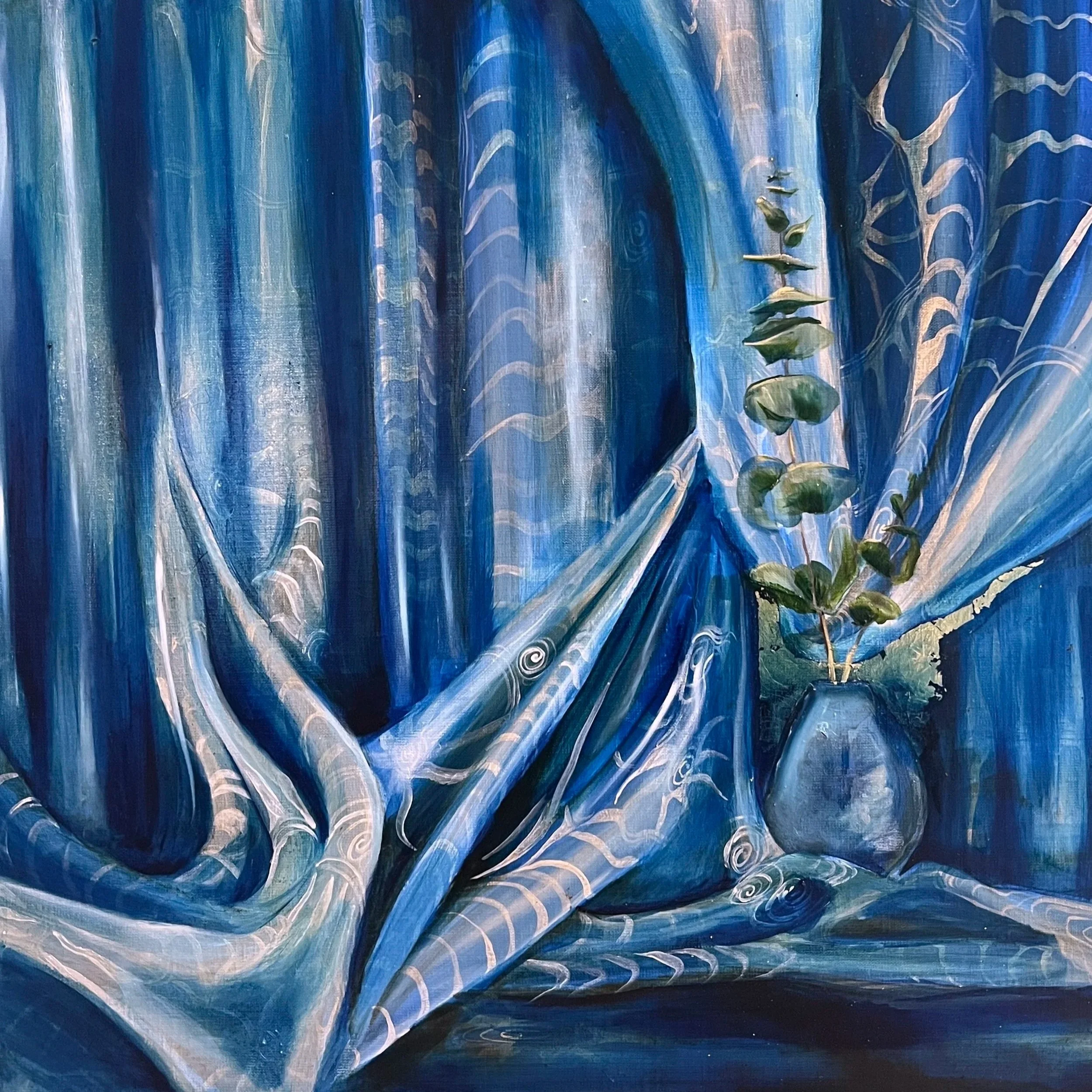 A painting of blue curtains and a potted plant with green leaves.