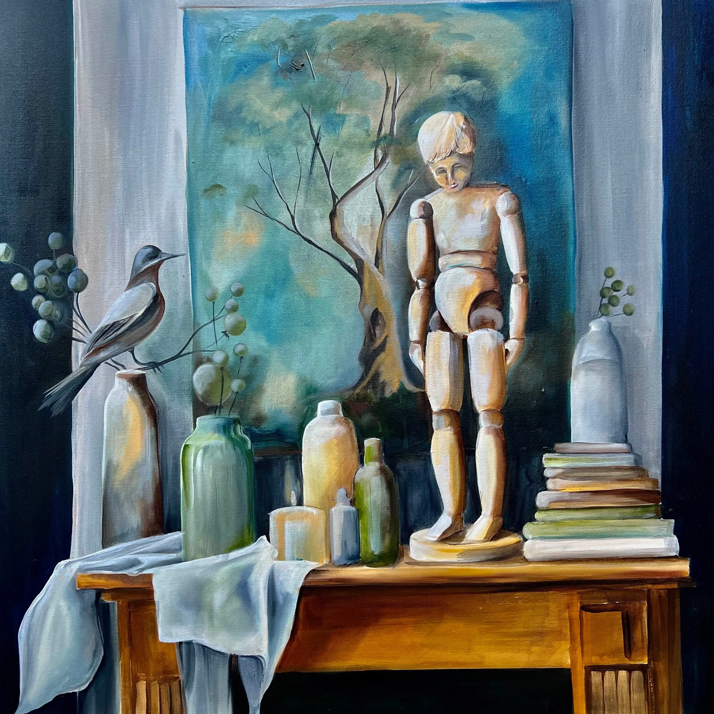 A painting of a still life with a wooden mannequin, surrounded by various vases, books, a bird, and a backdrop of a landscape with trees.