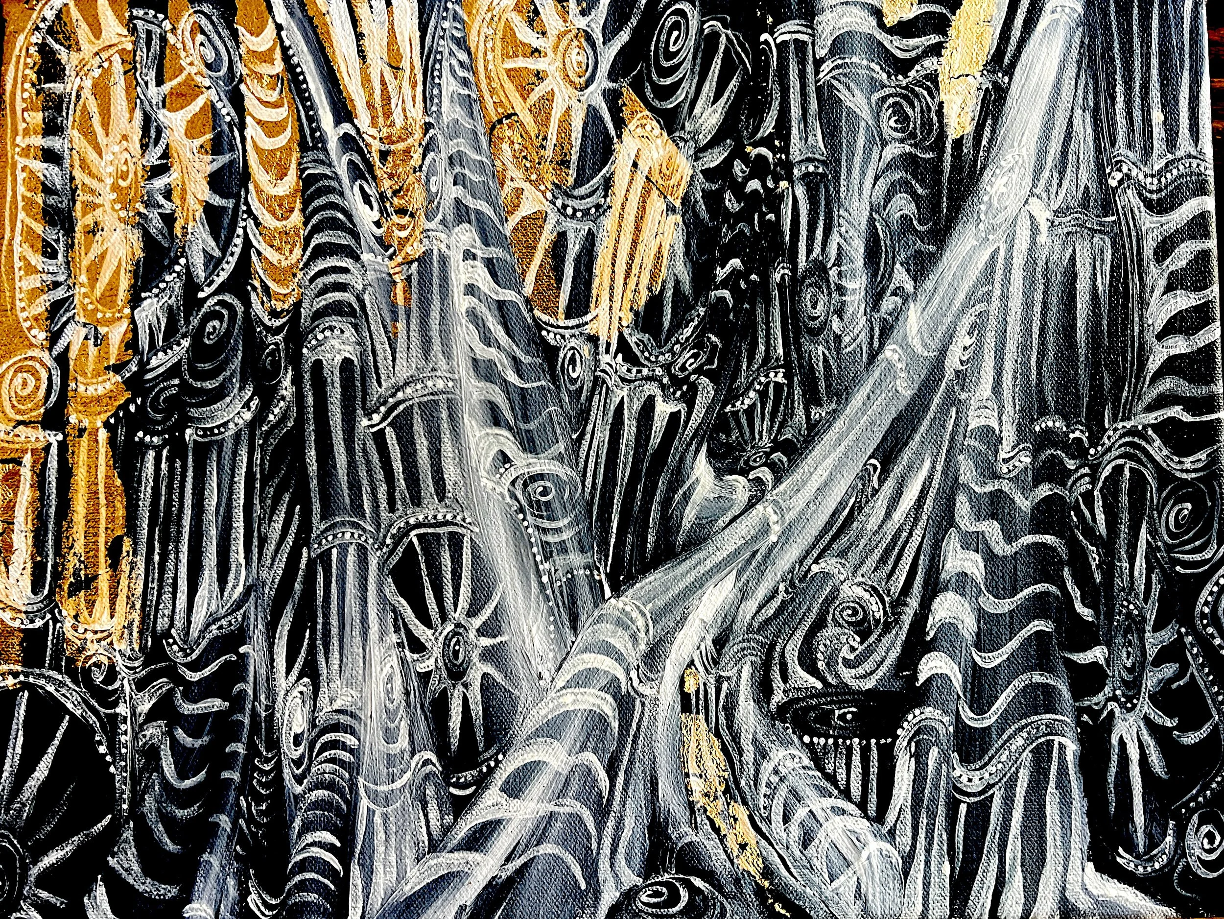 Abstract black and white painting with intricate swirling patterns and touches of gold.