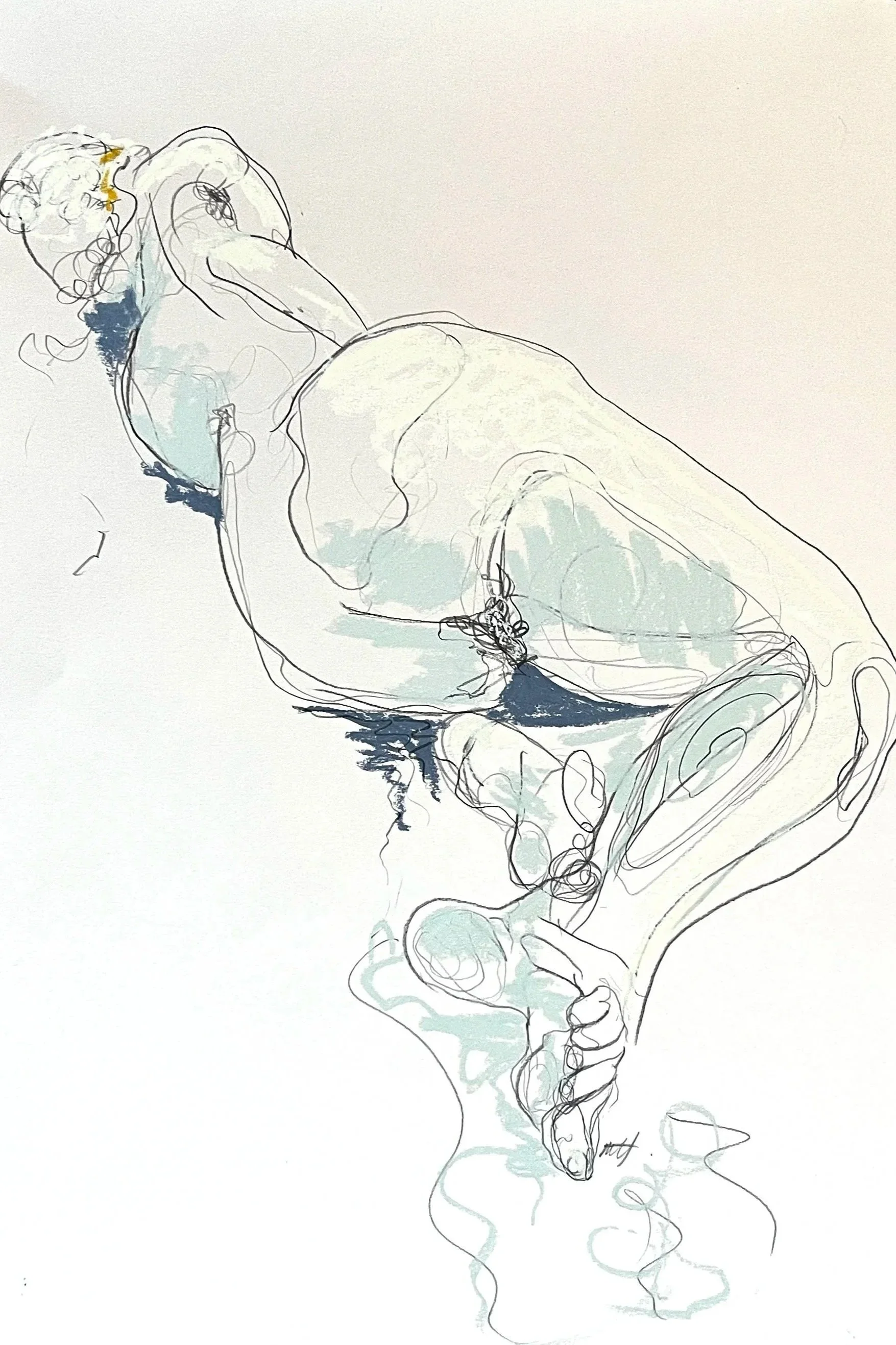 Line drawing of a nude woman laying on her side with one arm bent and supporting her head, depicted in a casual, abstract style with light blue and dark blue accents.