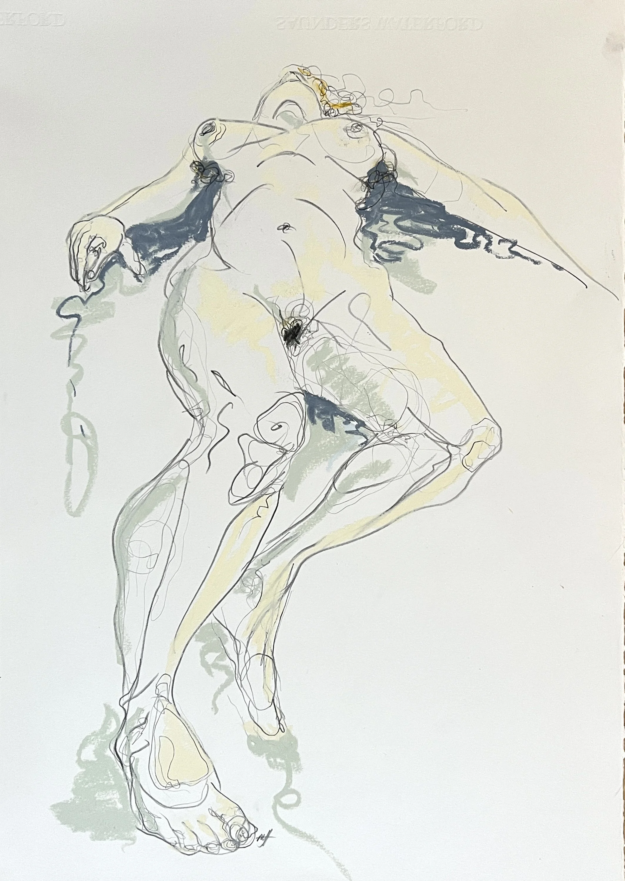 A colorful, abstract line drawing of a human figure lying on its back, with arms relaxed and legs slightly bent.