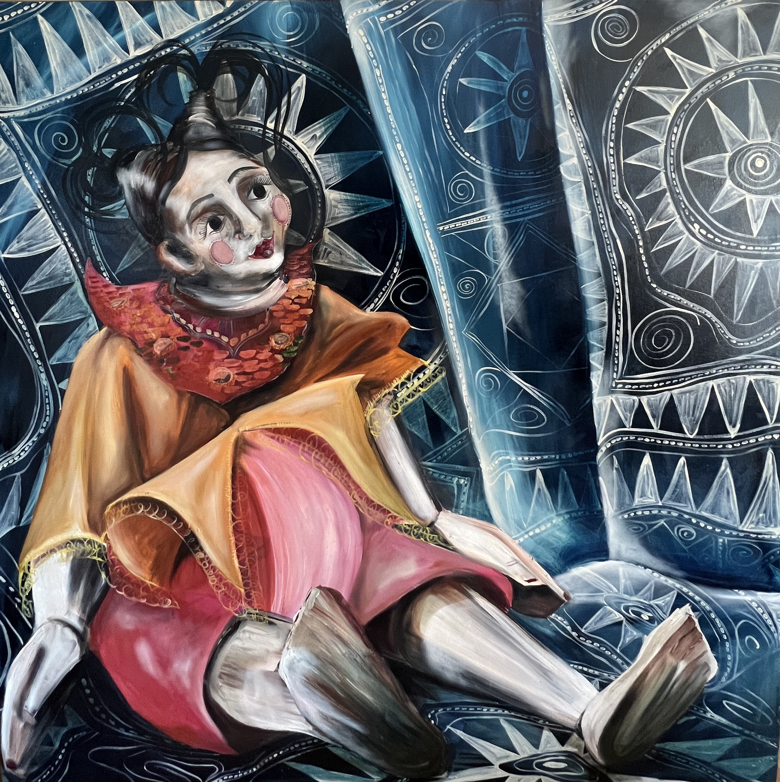 A colorful mixed-media sculpture of a clown with exaggerated features, wearing a pink and orange outfit, seated against a blue background with intricate white geometric patterns.