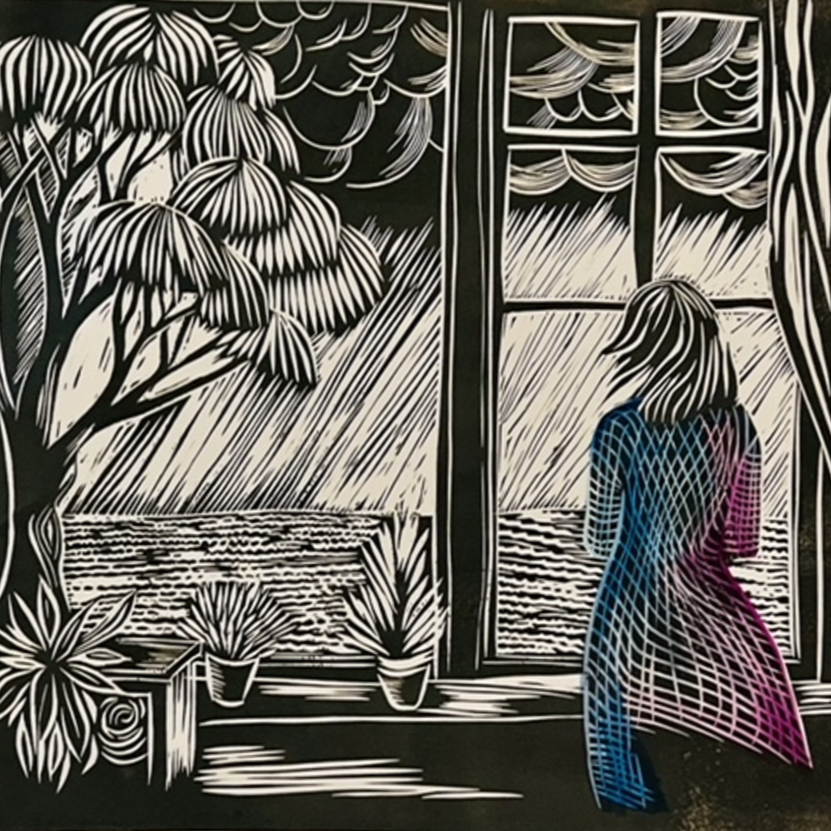 Illustration of a girl with shoulder-length hair looking out a window at a landscape with trees, ocean, and sky, rendered in black and white with colored highlights on the girl's dress.