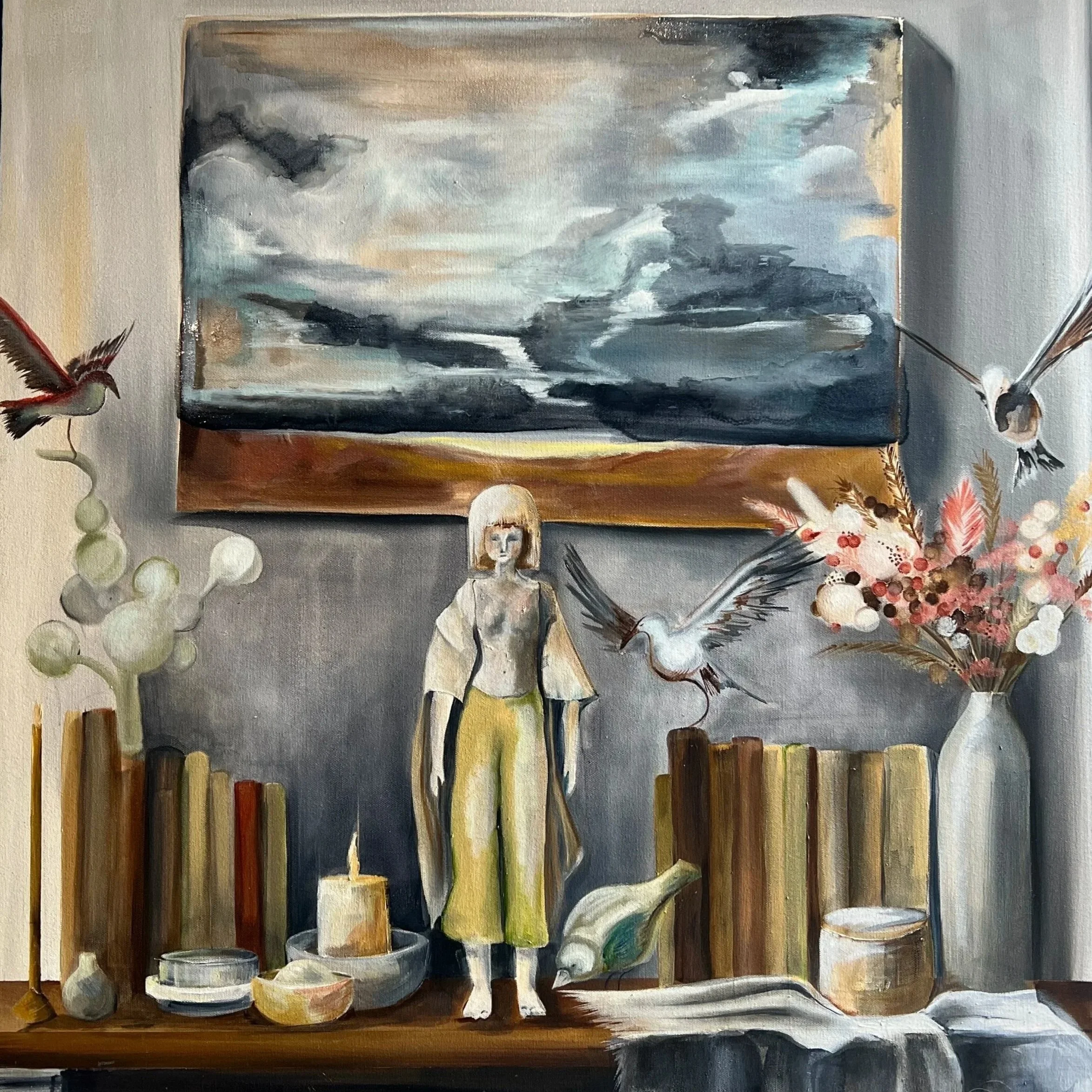 A still life painting of a tabletop with a woman figurine, a large candle, ceramic bowls, glass jars, books, and a vase of flowers. A painting of a stormy sky hangs on the wall behind. Several birds are flying around or perched nearby.
