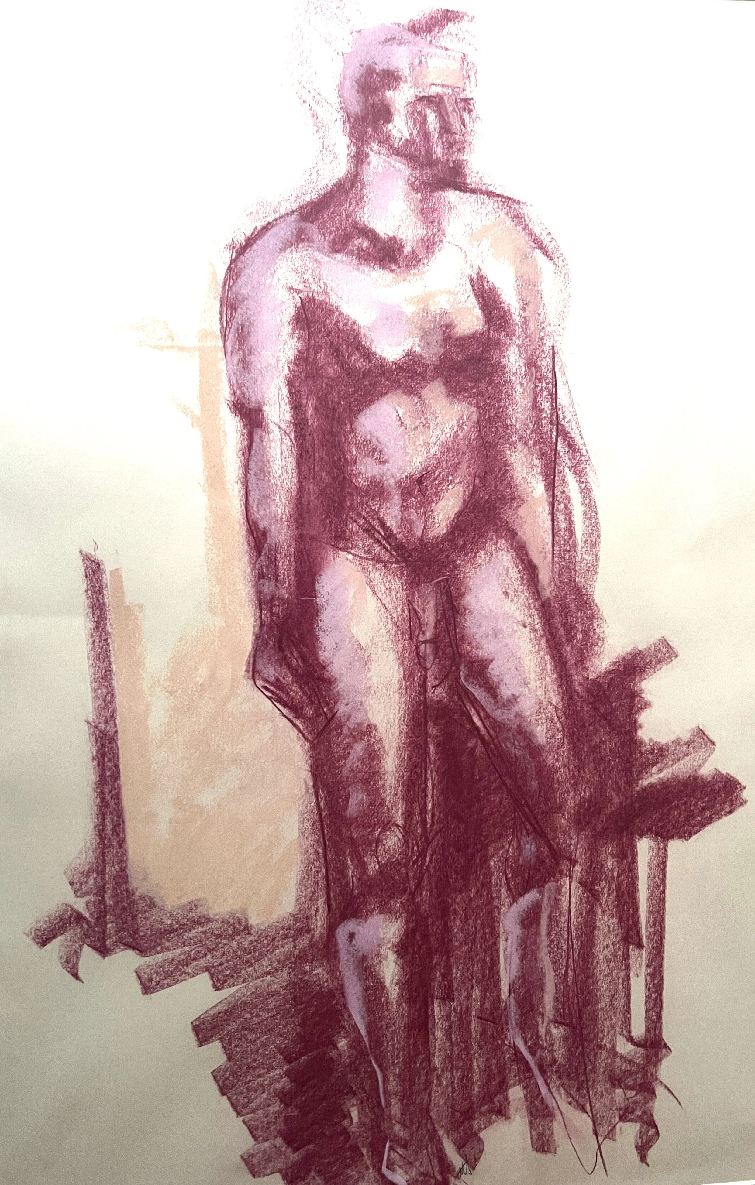A stylized artistic drawing of a male nude figure standing with a beard, depicted in shades of pink and purple with textured brushstrokes, set against a plain background.