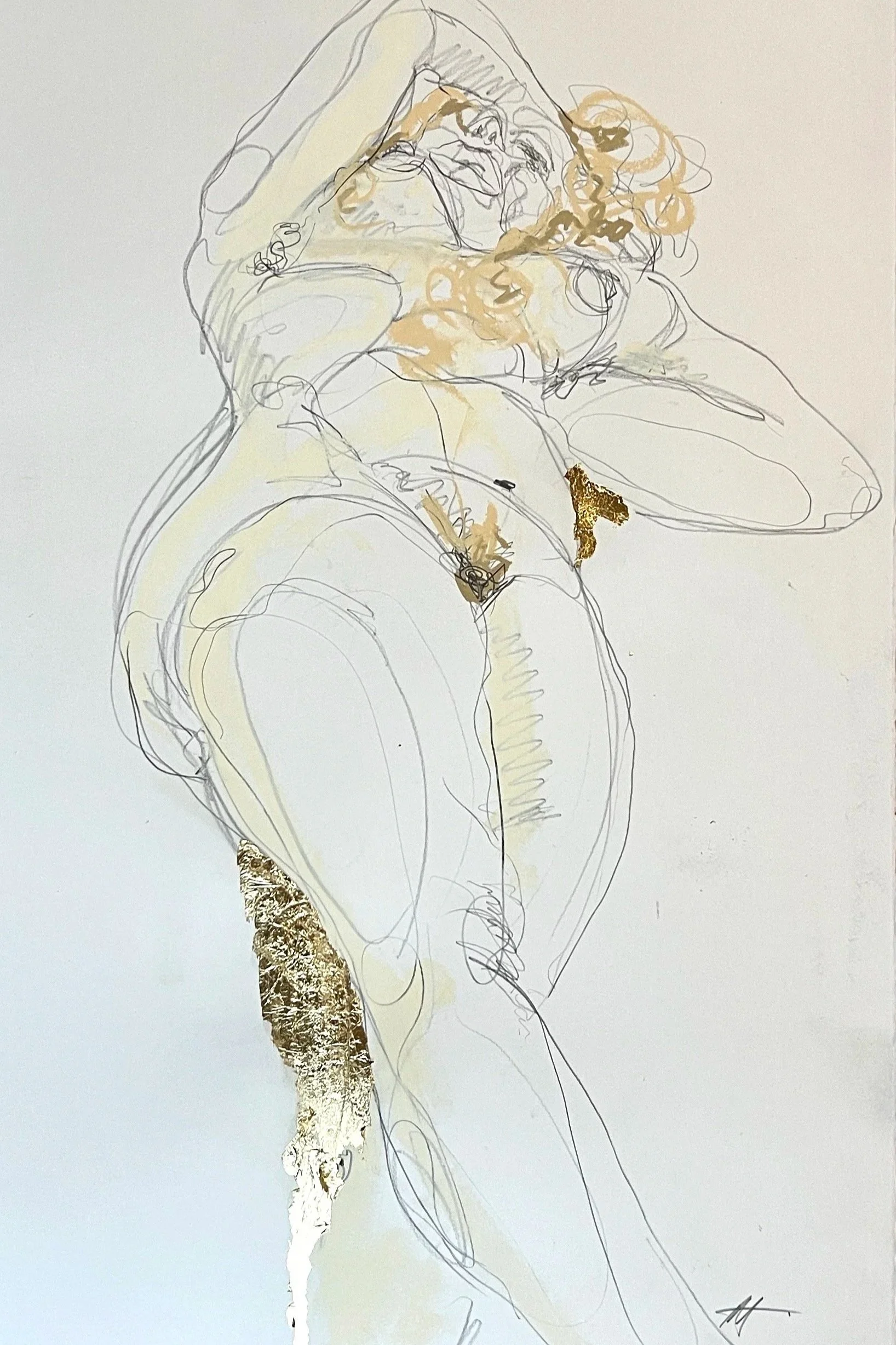 Line drawing of a reclining woman with gold accents on her face, chest, and leg, on a white background.