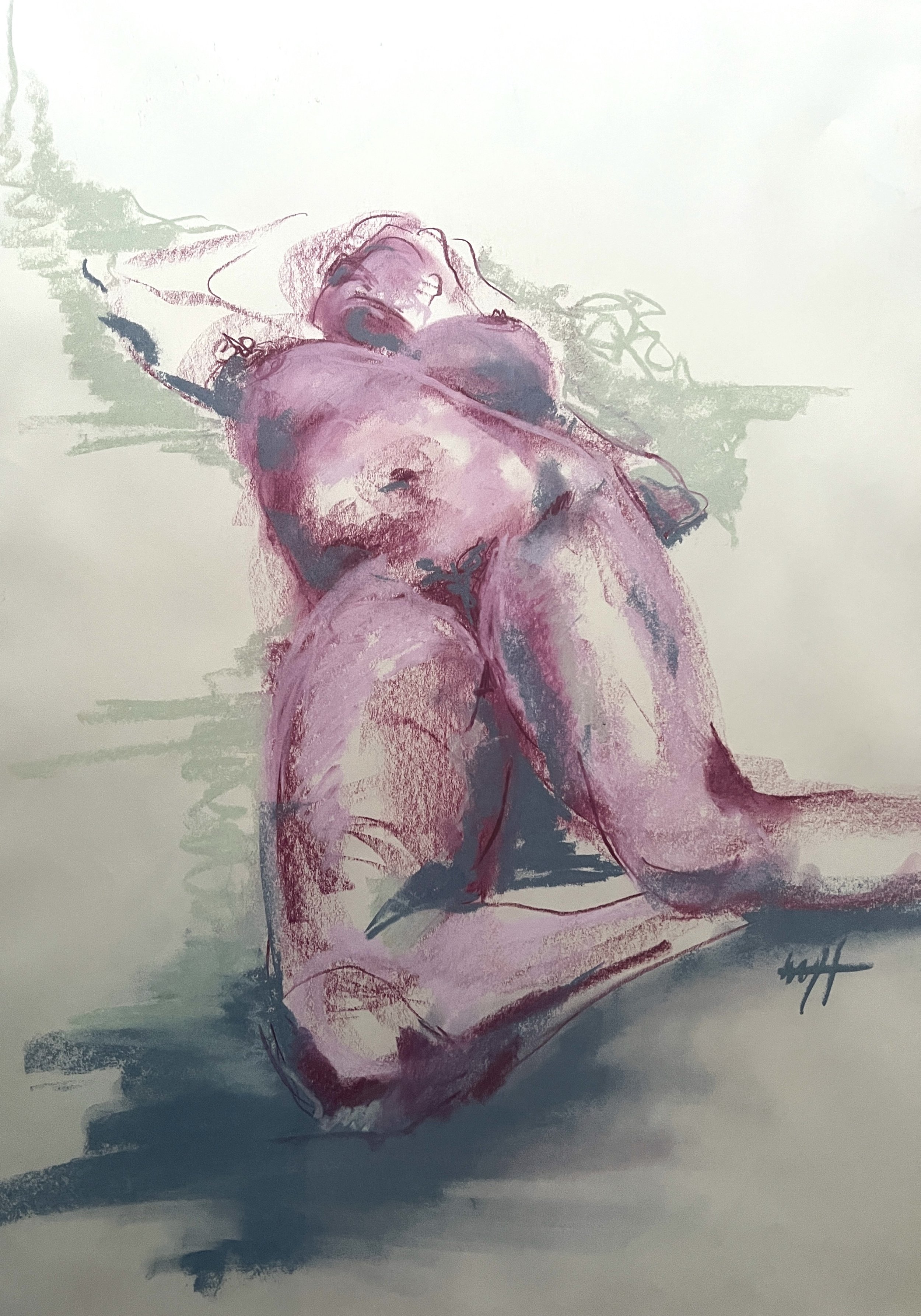 A colorful abstract drawing of a nude woman reclining on a surface, with exaggerated features and expressive brushstrokes.