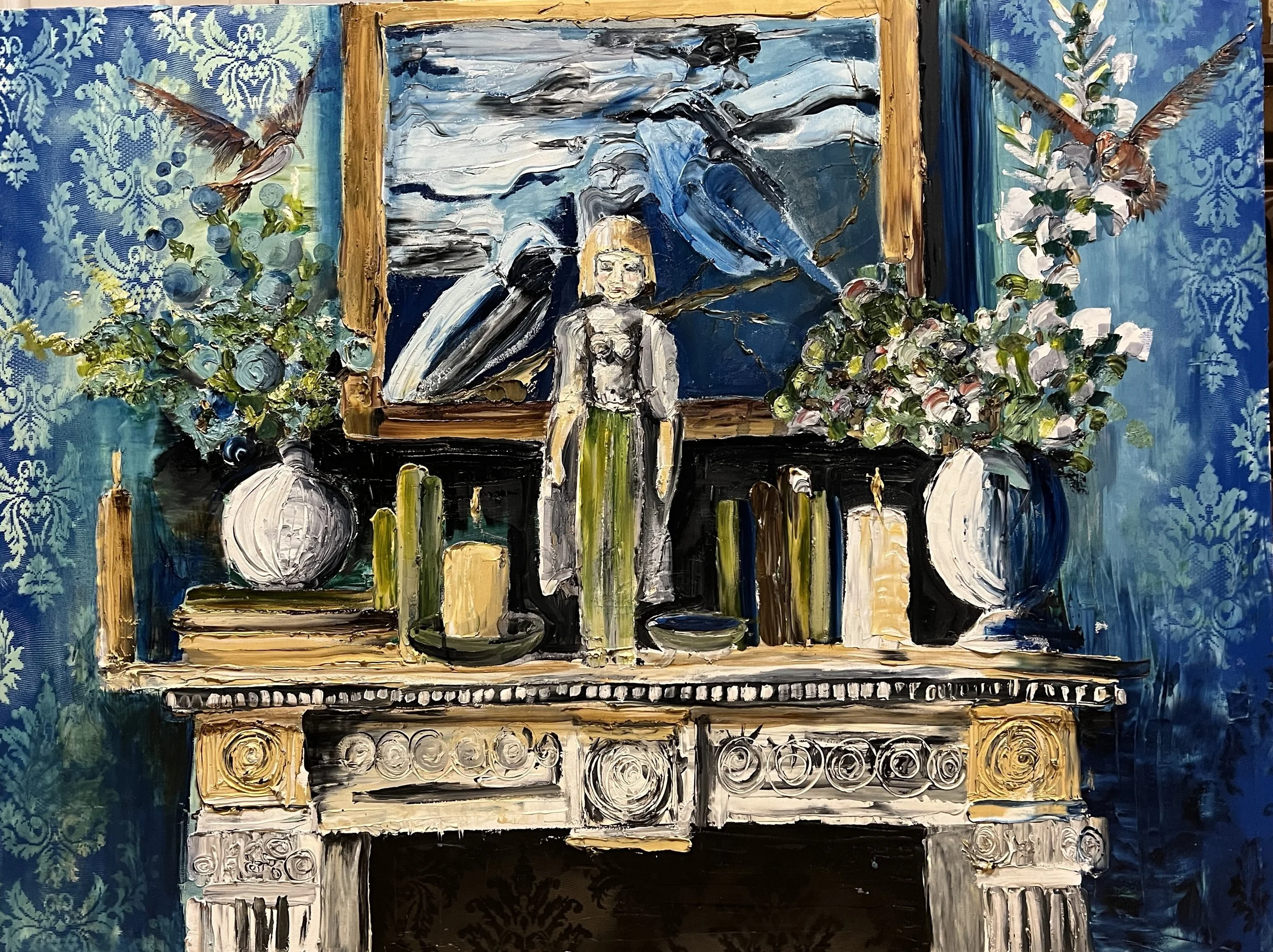 An oil painting of a decorated mantel with side vases of flowers, candlesticks, and books. A framed painting of abstract art is on the wall above, featuring mountainous shapes and a bird in flight against a stormy sky. The background wall has blue damask wallpaper.