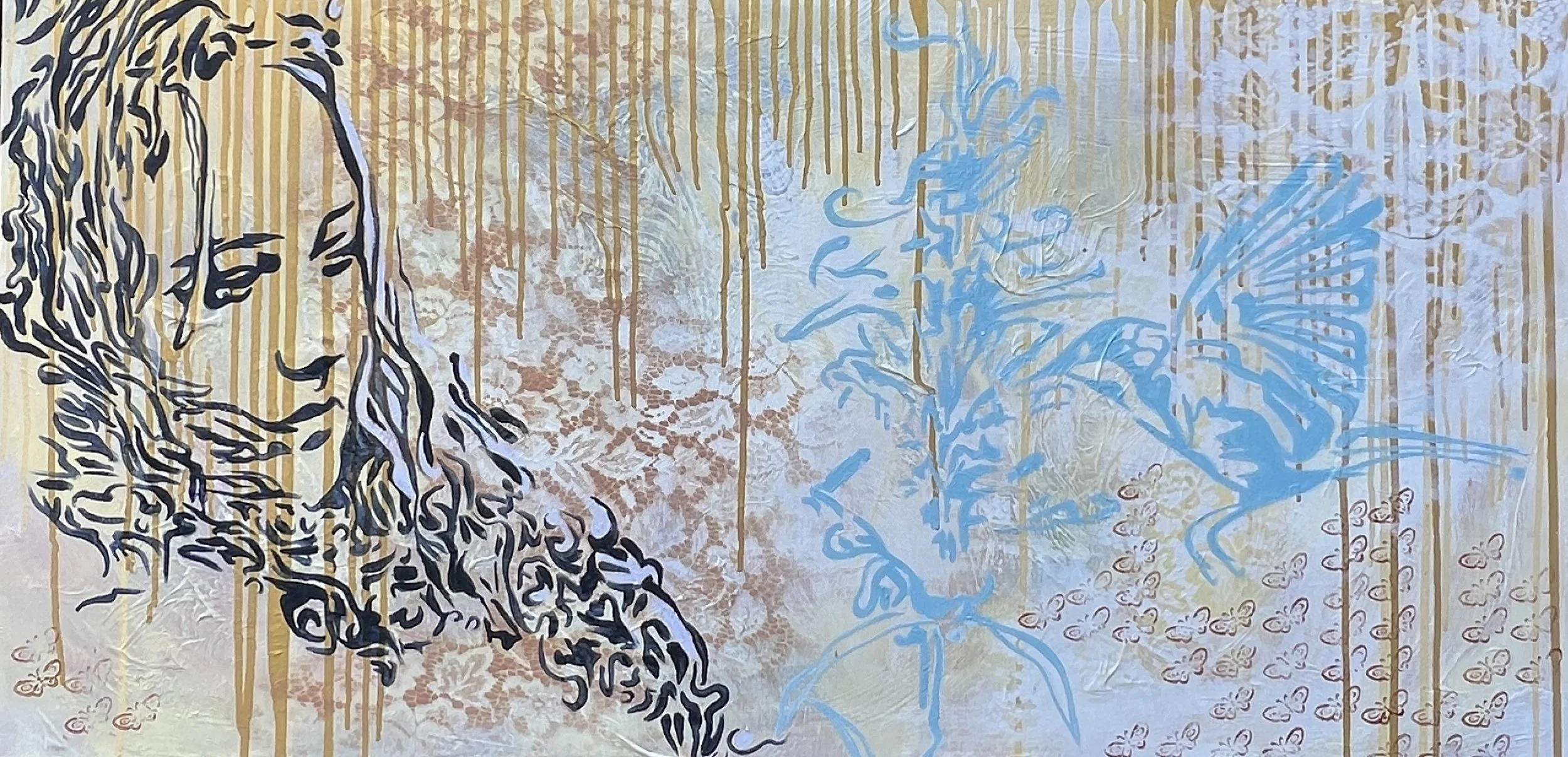 An abstract artwork featuring a black line drawing of a woman's face with long hair on the left and blue line drawings of flowers and butterflies on the right, with a background of gold and beige vertical streaks and textured floral patterns.