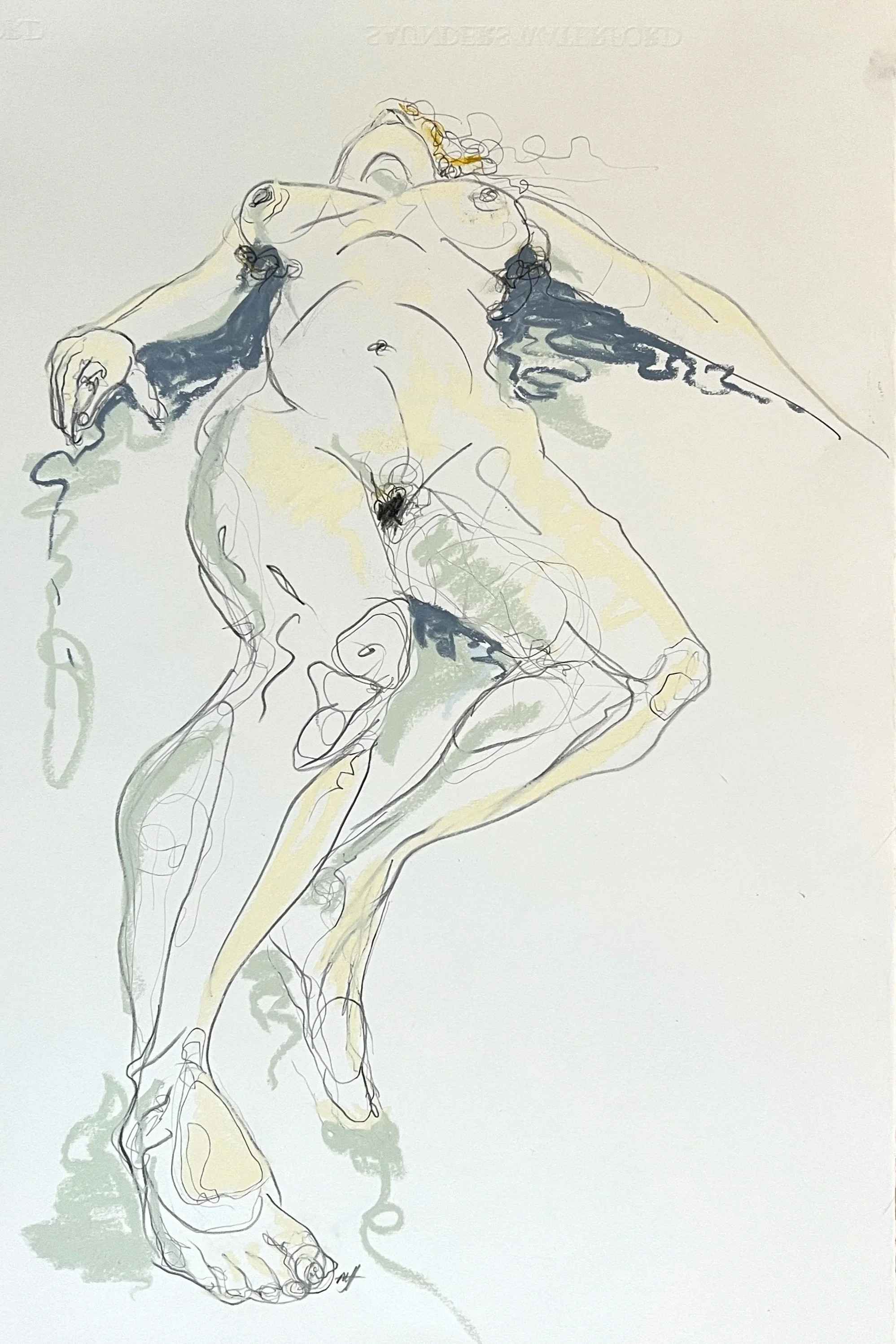 Line drawing of a reclining nude woman with light shading and accents of color, placed on a plain white background.