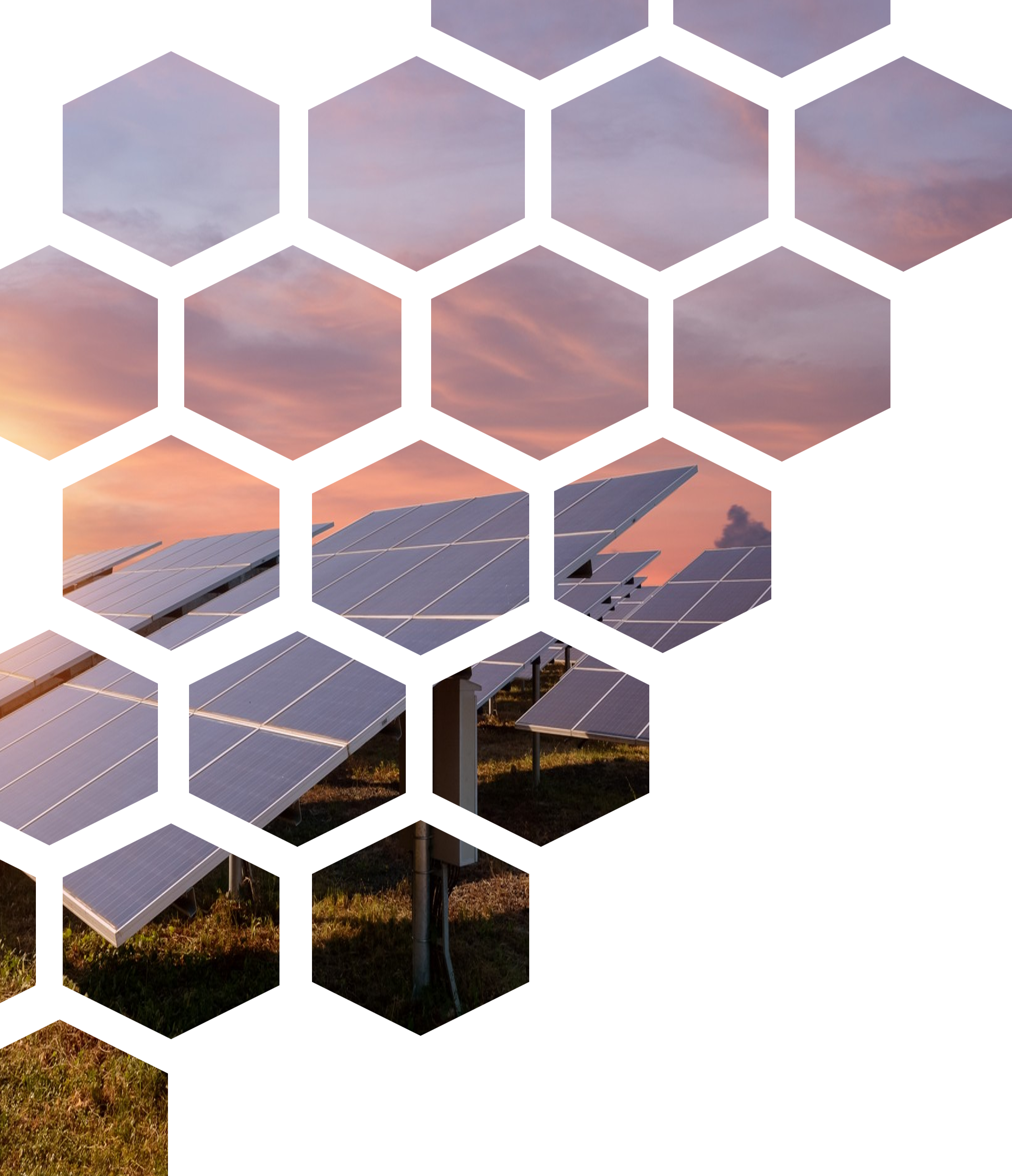 Solar panels installed outdoors at sunset with a colorful sky.
