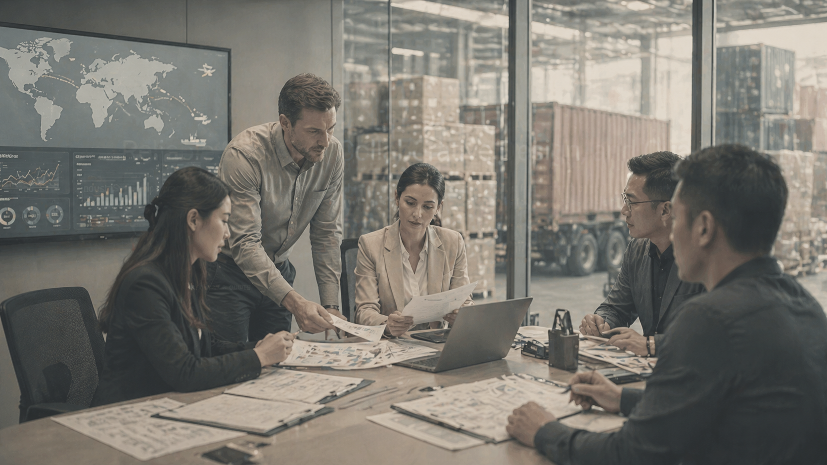 Business team having a meeting in a conference room with a world map and data charts on the wall, discussing documents and using a laptop.