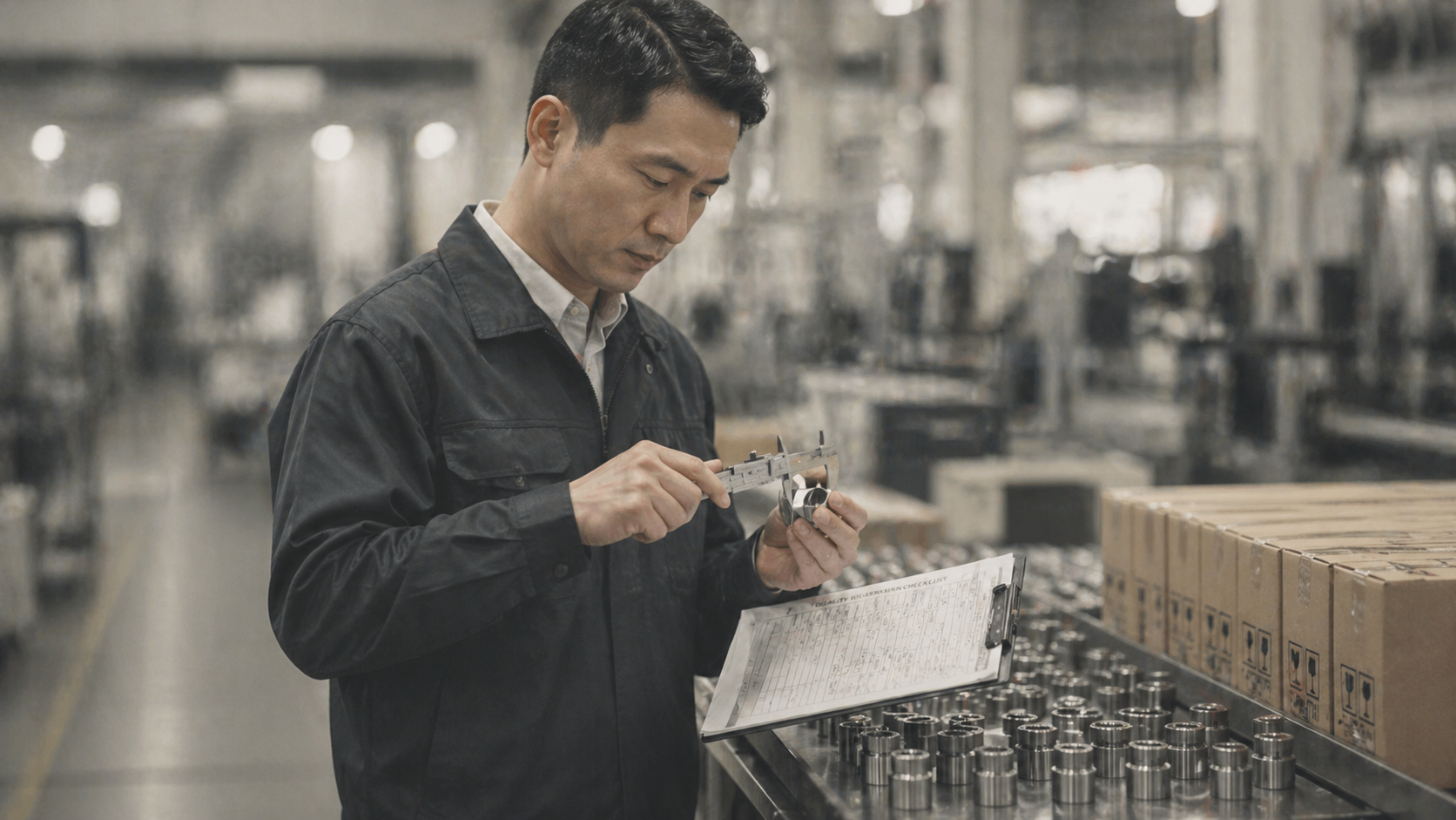 A man in a black jacket inspecting a metal part in an industrial setting, holding a caliper and a clipboard.