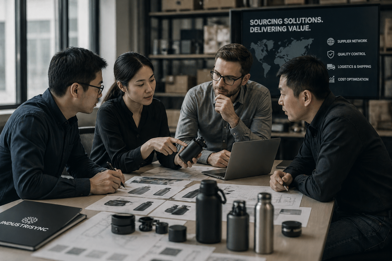 A diverse group of four people in an office meeting discussing product bottles, with technical documents and a laptop on the table and a presentation screen in the background.