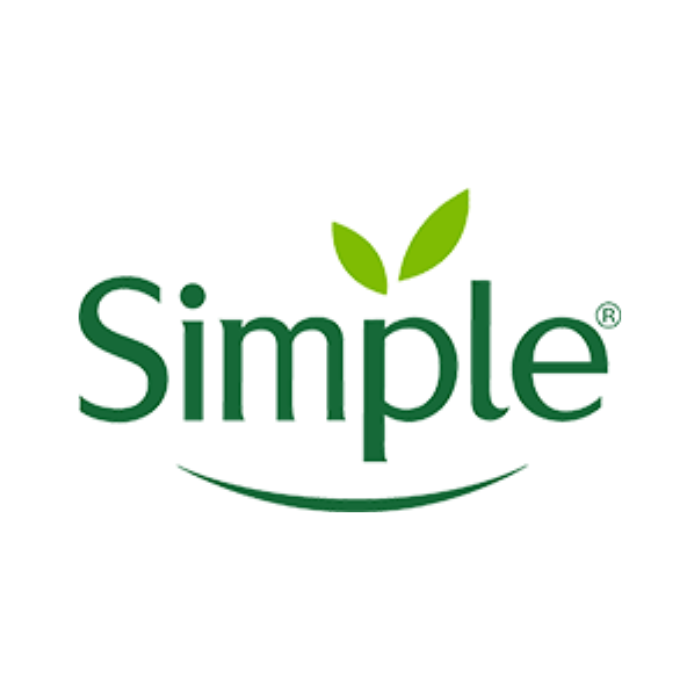 The logo for a brand named Simple, featuring green text with two green leaves above the letter 'i' and a curved line beneath, suggesting harmony and health.