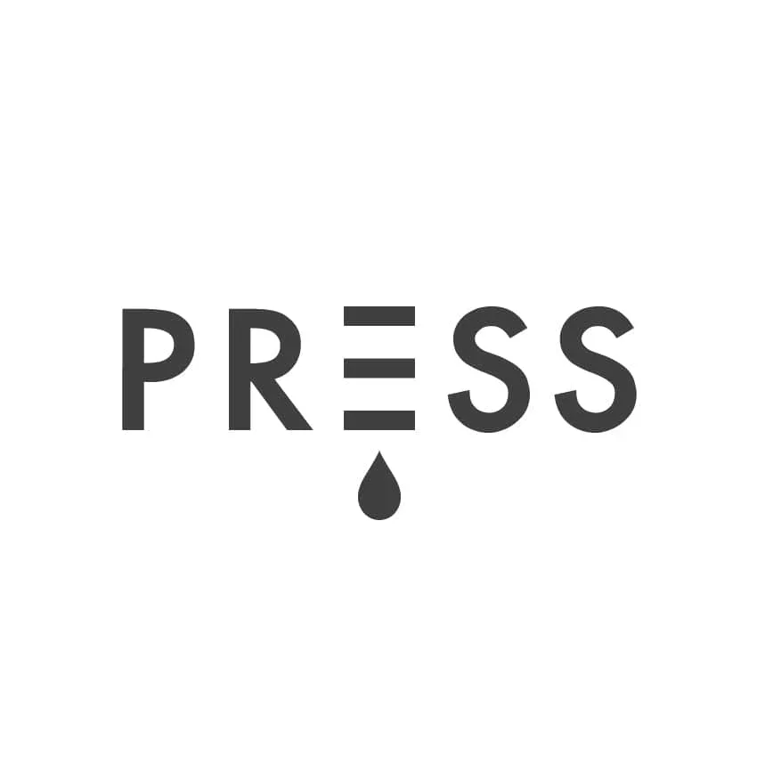 The word 'PRESS' with a drop of liquid below the letter 'E'.