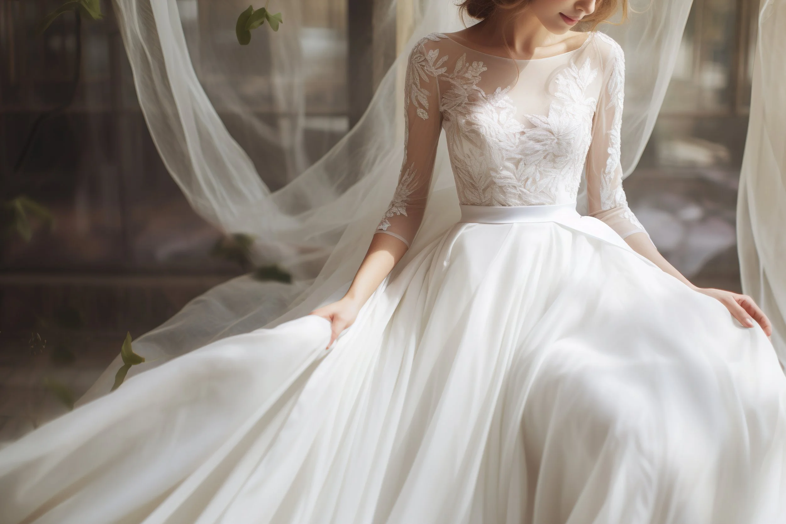 A woman wearing a white wedding dress with lace embroidery sits gracefully, with sheer fabric flowing around her, near a window with sunlight.