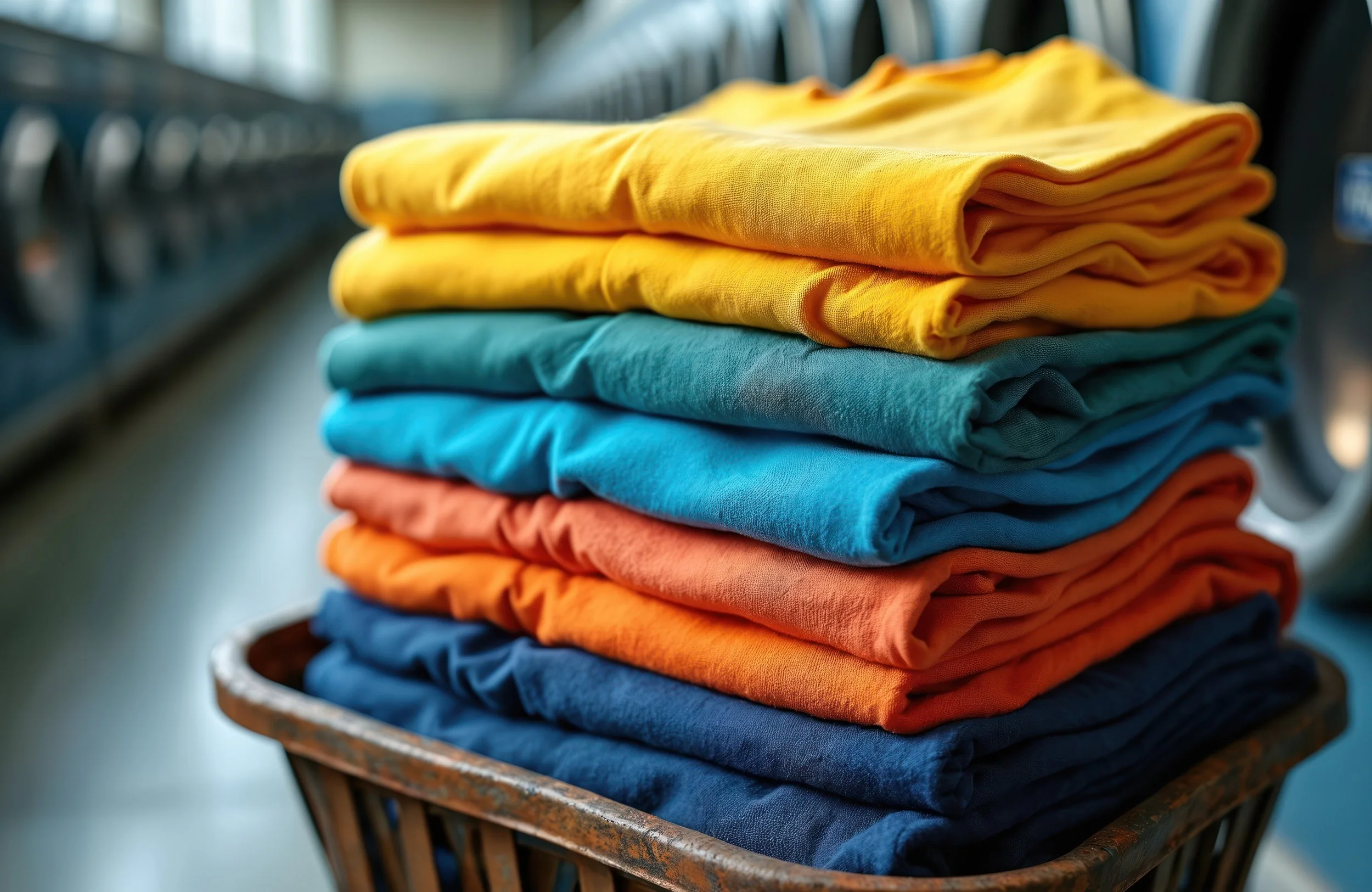 A pile of neatly folded colorful T-shirts in yellow, teal, orange, and navy blue on a round surface.