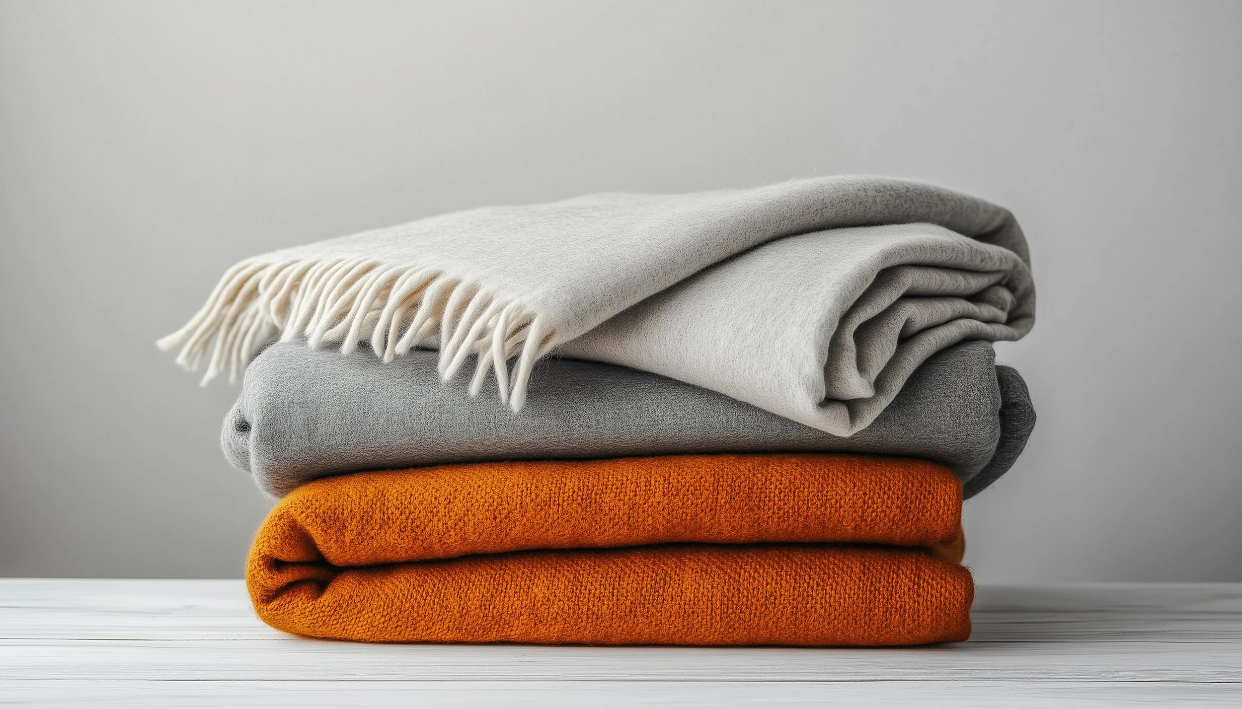 Stacked folded blankets of various colors and textures against a plain background