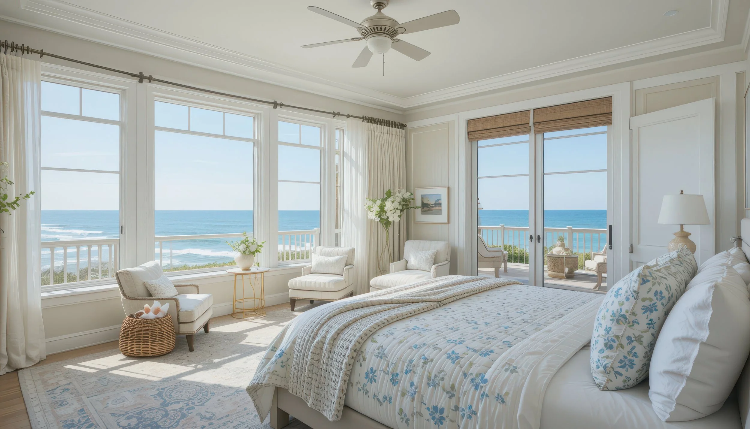 A bright bedroom with large windows and a view of the ocean, featuring white walls, a ceiling fan, and white furniture with blue accents.
