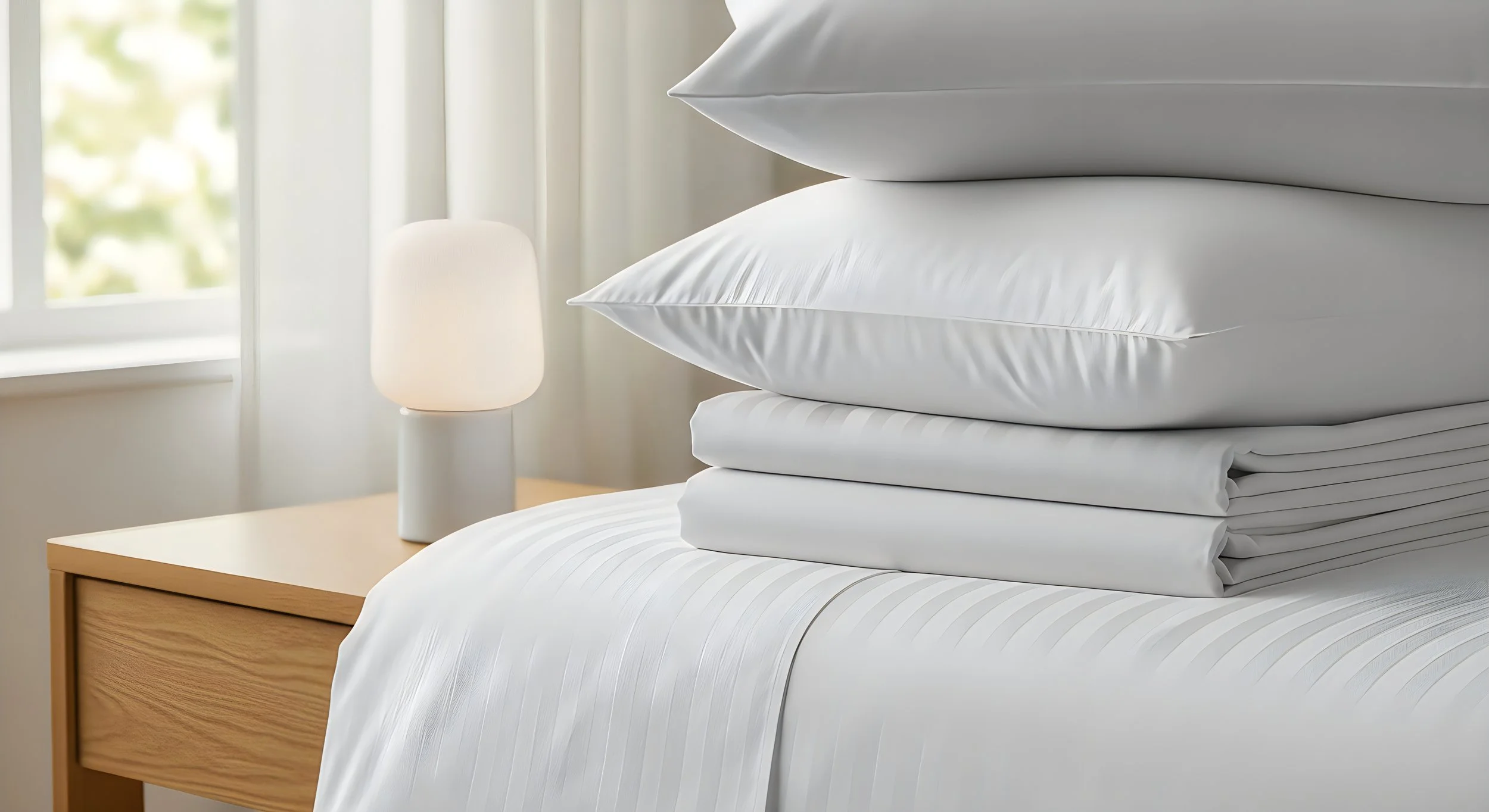 Stacks of white bed linens and pillows on a bed next to a wooden nightstand with a white lamp, in a bedroom with natural light coming from a window.