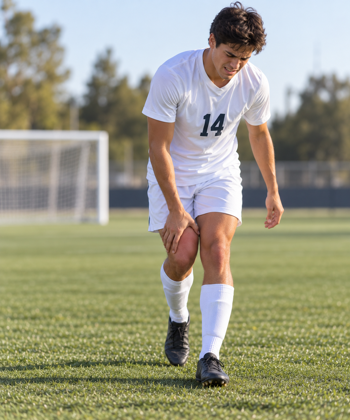 A young male soccer player in a white uniform with the number 14 on the jersey, holding his knee in pain on the soccer field during daylight.