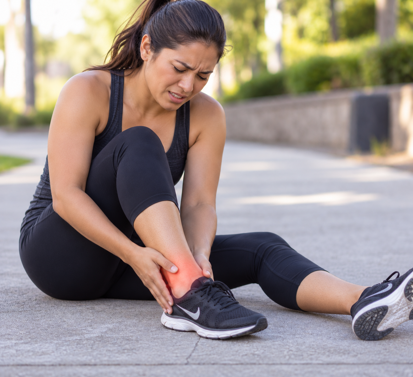 Woman sitting on the ground outdoors holding her ankle in pain, indicating she has an injury or strain.
