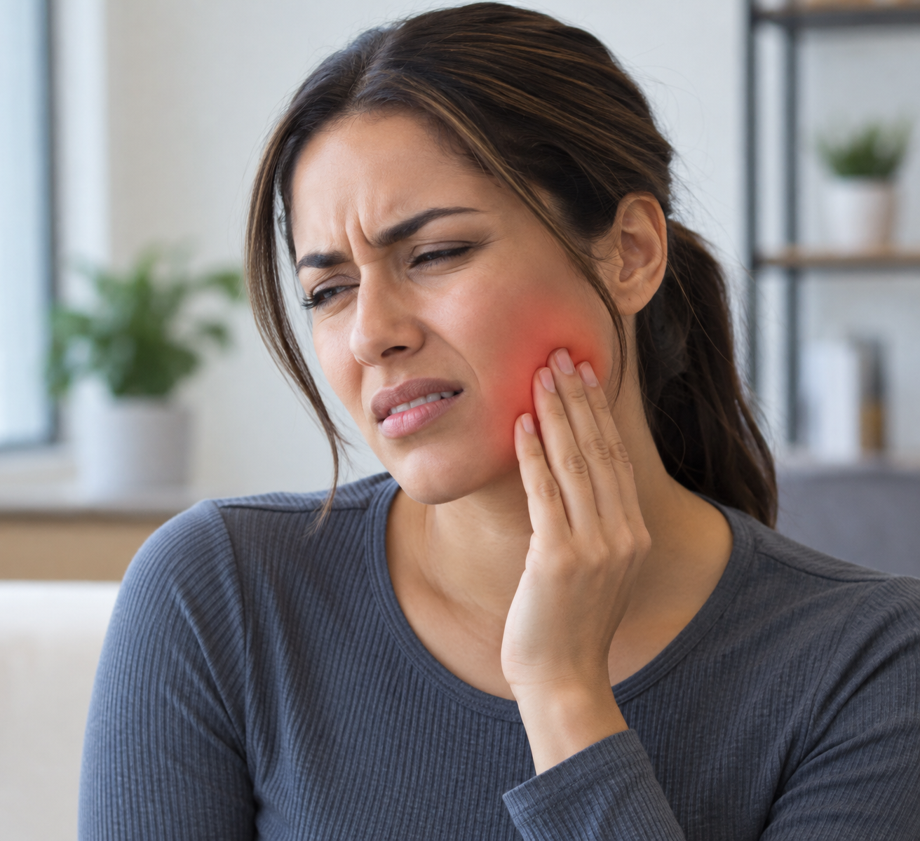 Woman in gray shirt experiencing tooth pain, holding her jaw with a red area indicating pain.