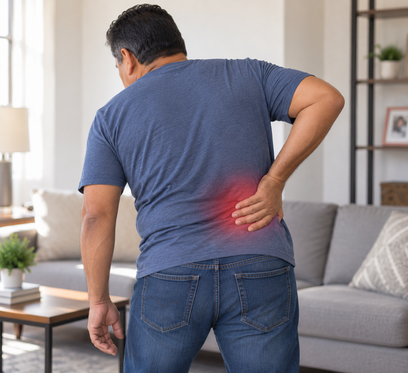 Man experiencing lower back pain, holding his back with a red highlight indicating discomfort.
