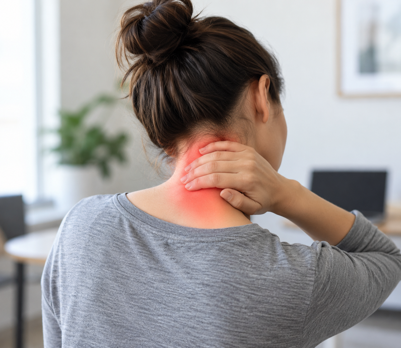 A woman holding her neck and shoulder area, experiencing pain, with a red highlight indicating discomfort.