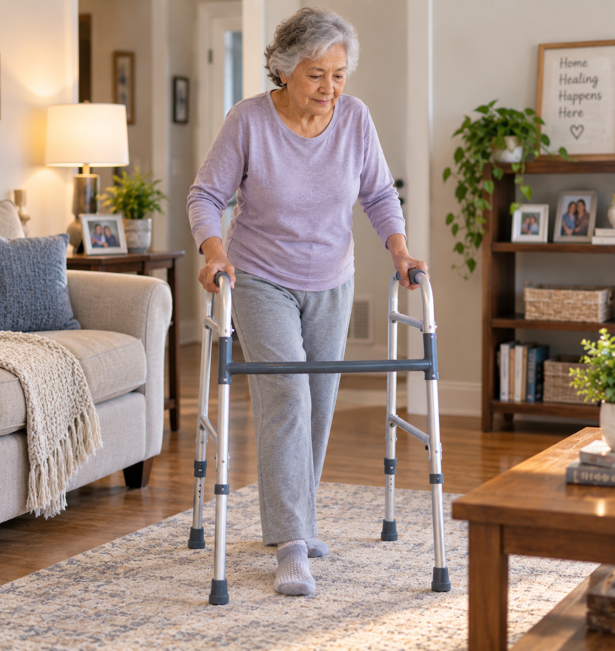 An elderly woman using a walker in a cozy living room.