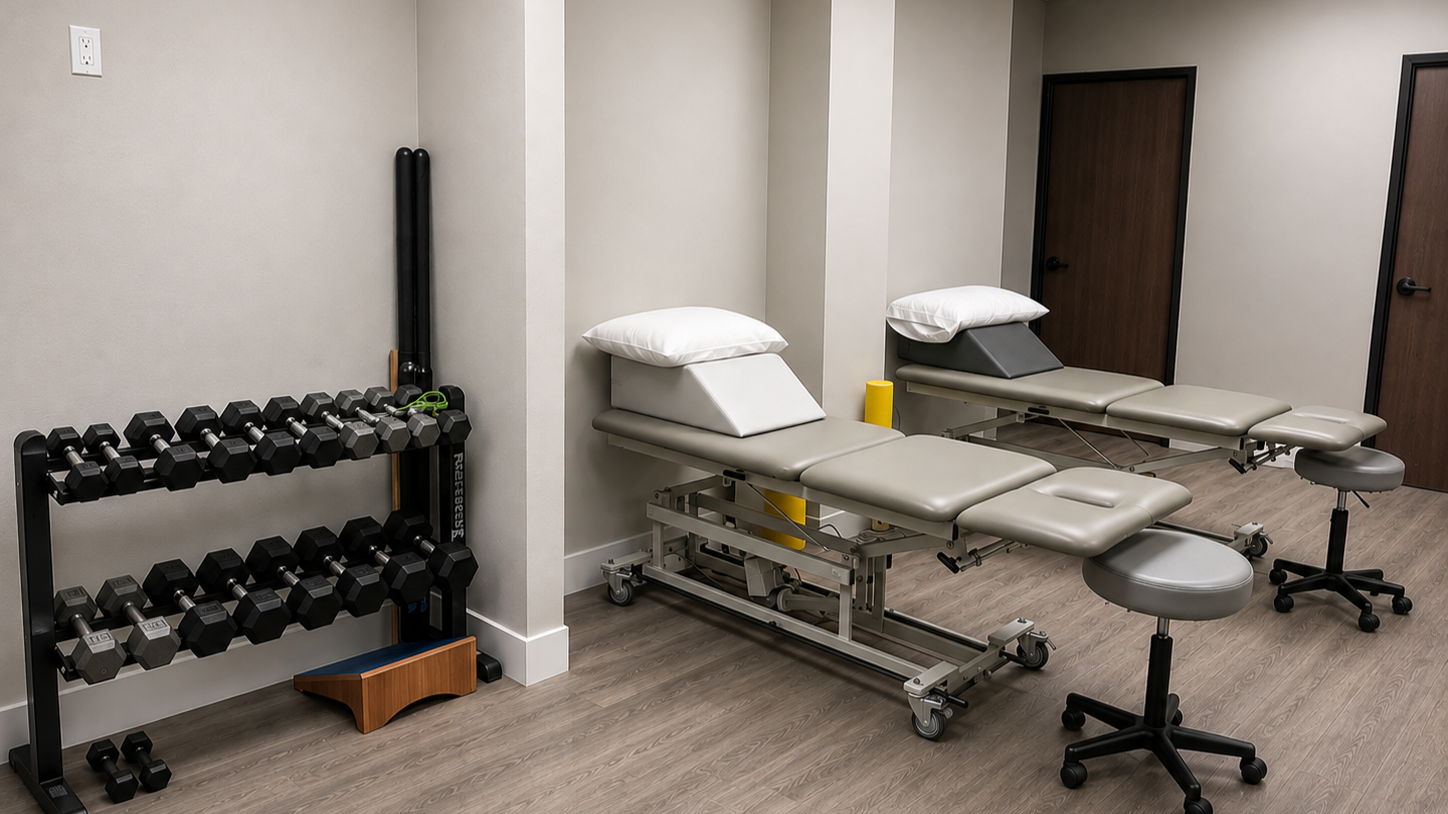 Medical examination room with two adjustable exam tables, a set of dumbbells on a rack, and two rolling stools.