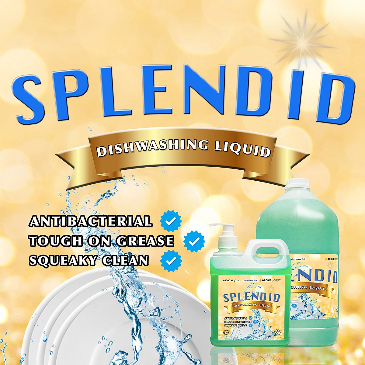 Label for Splendid dishwashing liquid showcasing bottles with water splash design, emphasizing antibacterial, tough on grease, and squeaky clean features.