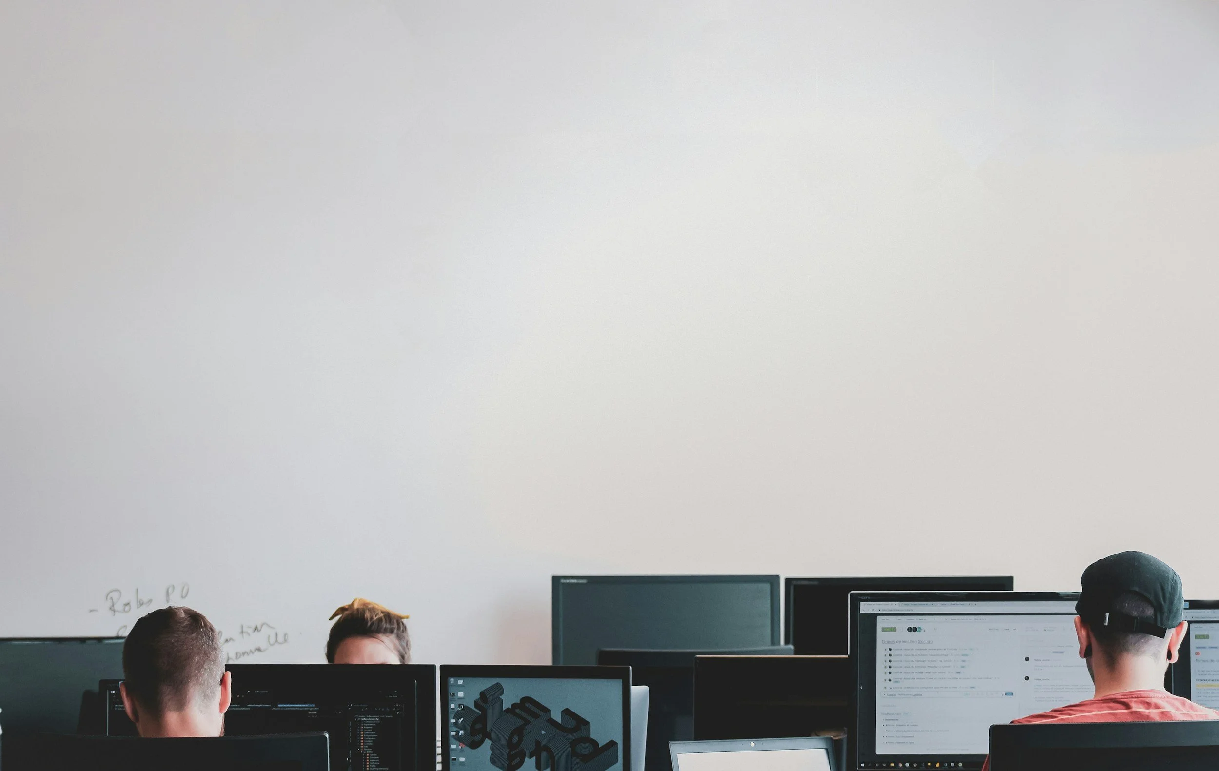 People working at computers in a modern office with blank white wall.
