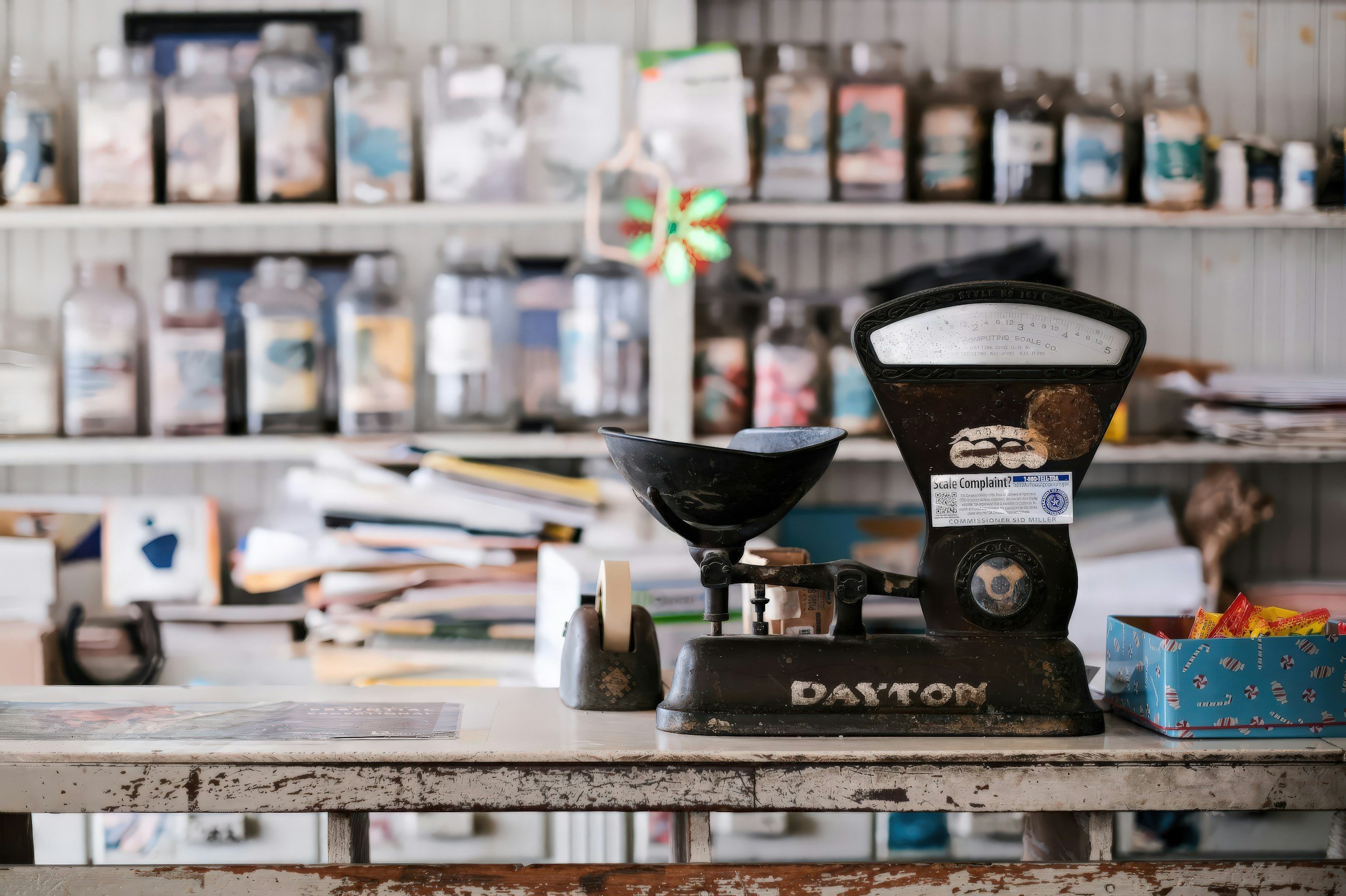 An old black mechanical weighing scale on a white, worn counter with a blurred background of shelves filled with bottles, papers, and miscellaneous items.